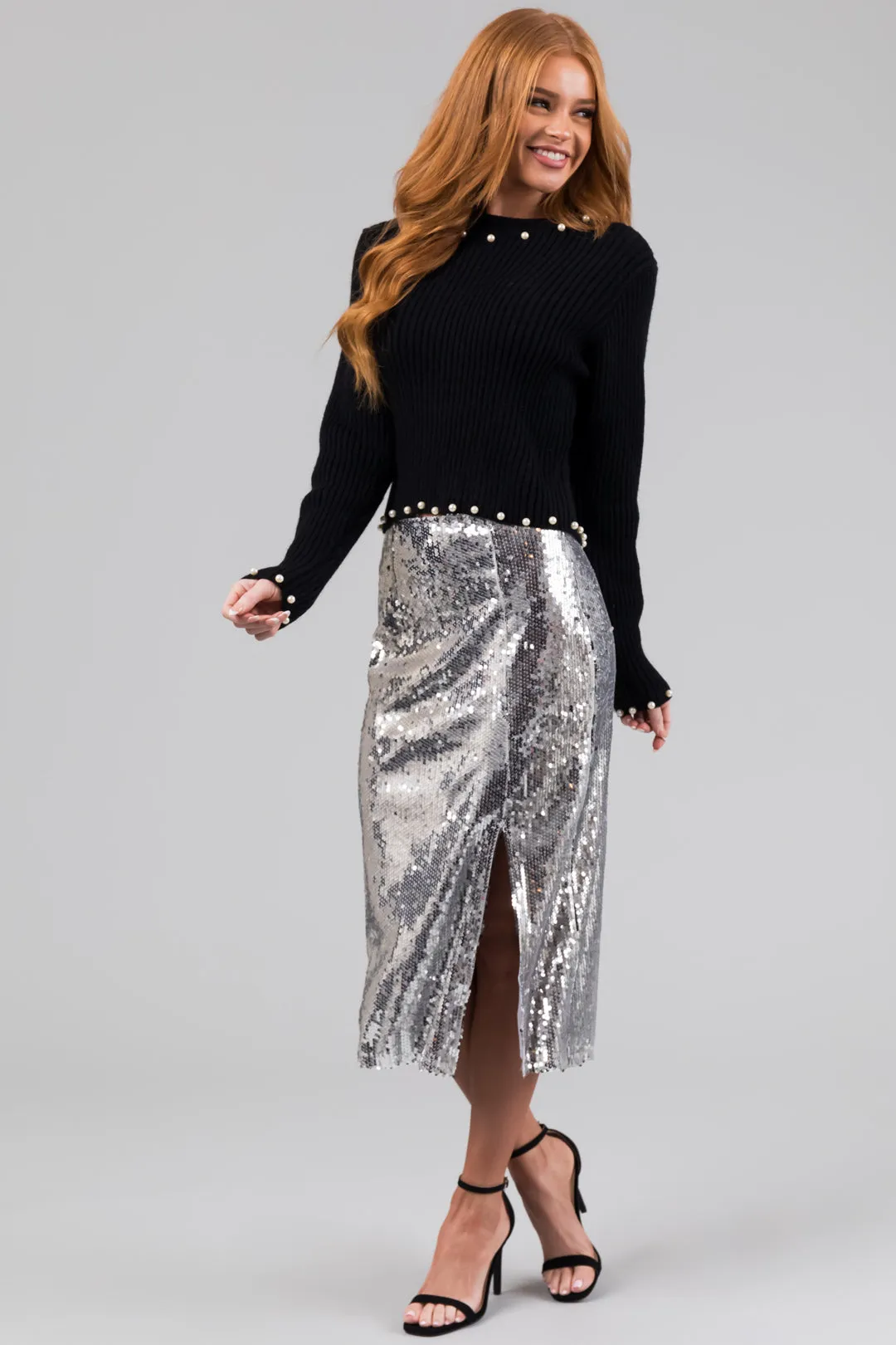 Silver Sequin Side Slit Midi Skirt