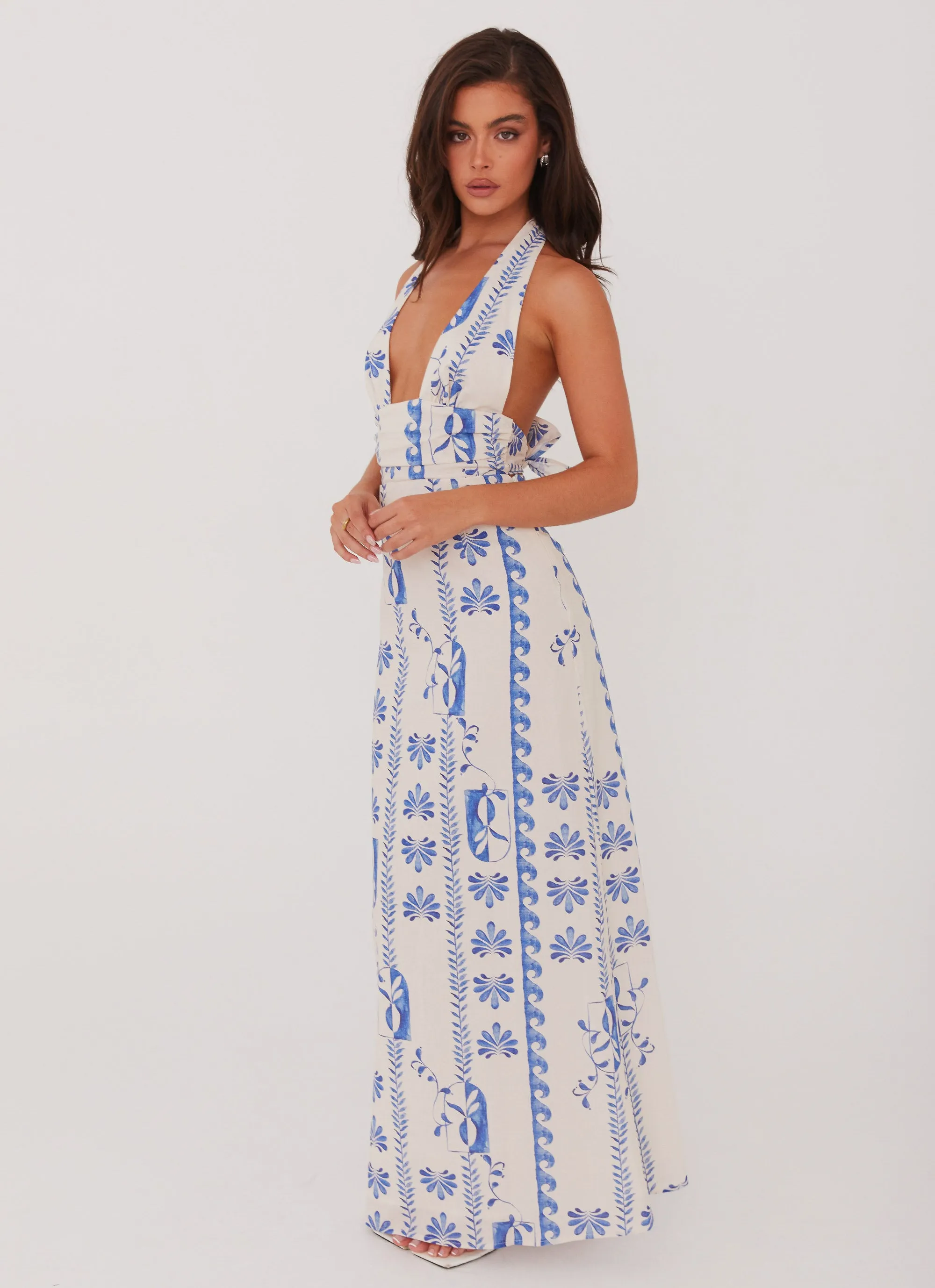 Sky Linen Maxi Dress - Floral Wave