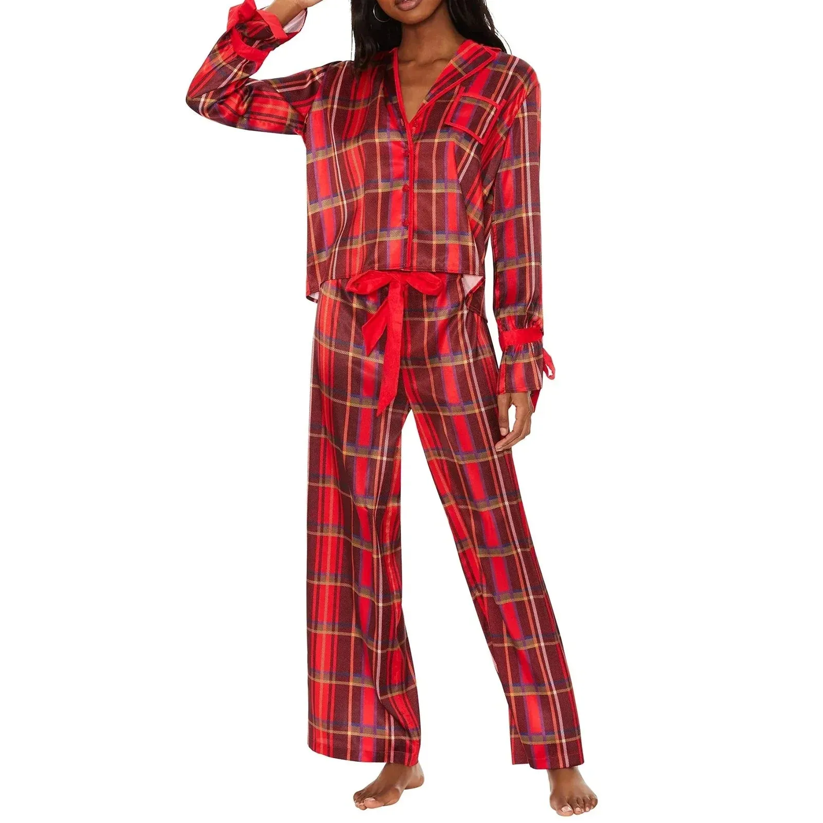 Sleeve Lapel Neck Button Down Plaid Wide Leg Y2K Loungewear Long Pajamas