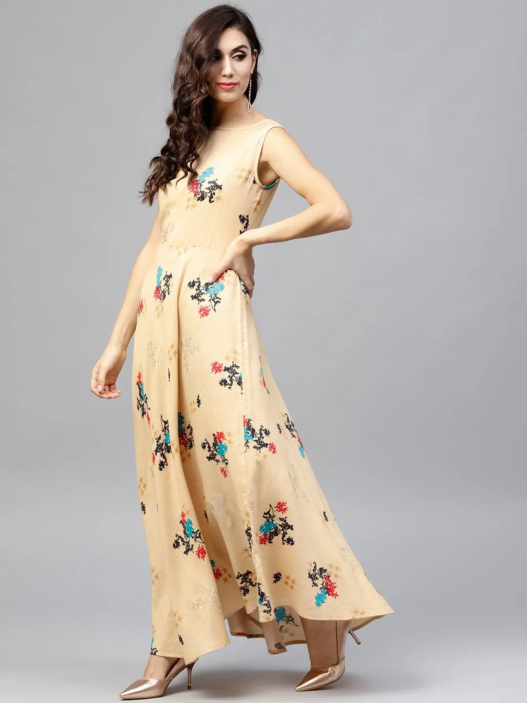 Sleeveless Pale Yellow Maxi Dress  With Round Neck