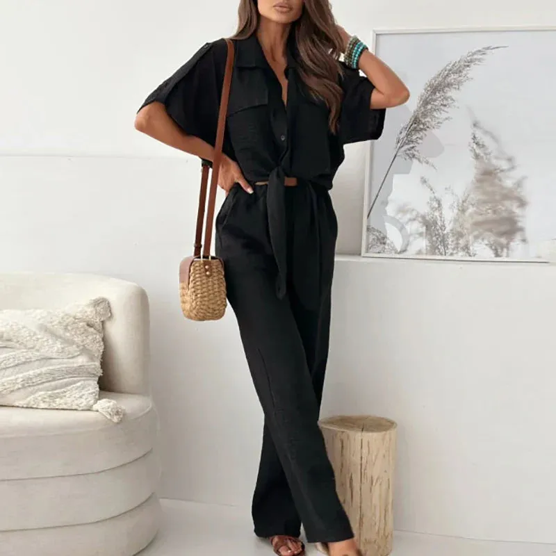 Slim Ladies Lapel Button Shirt Top Elastic Waist Pants Solid Short Sleeve Office Elegant Set