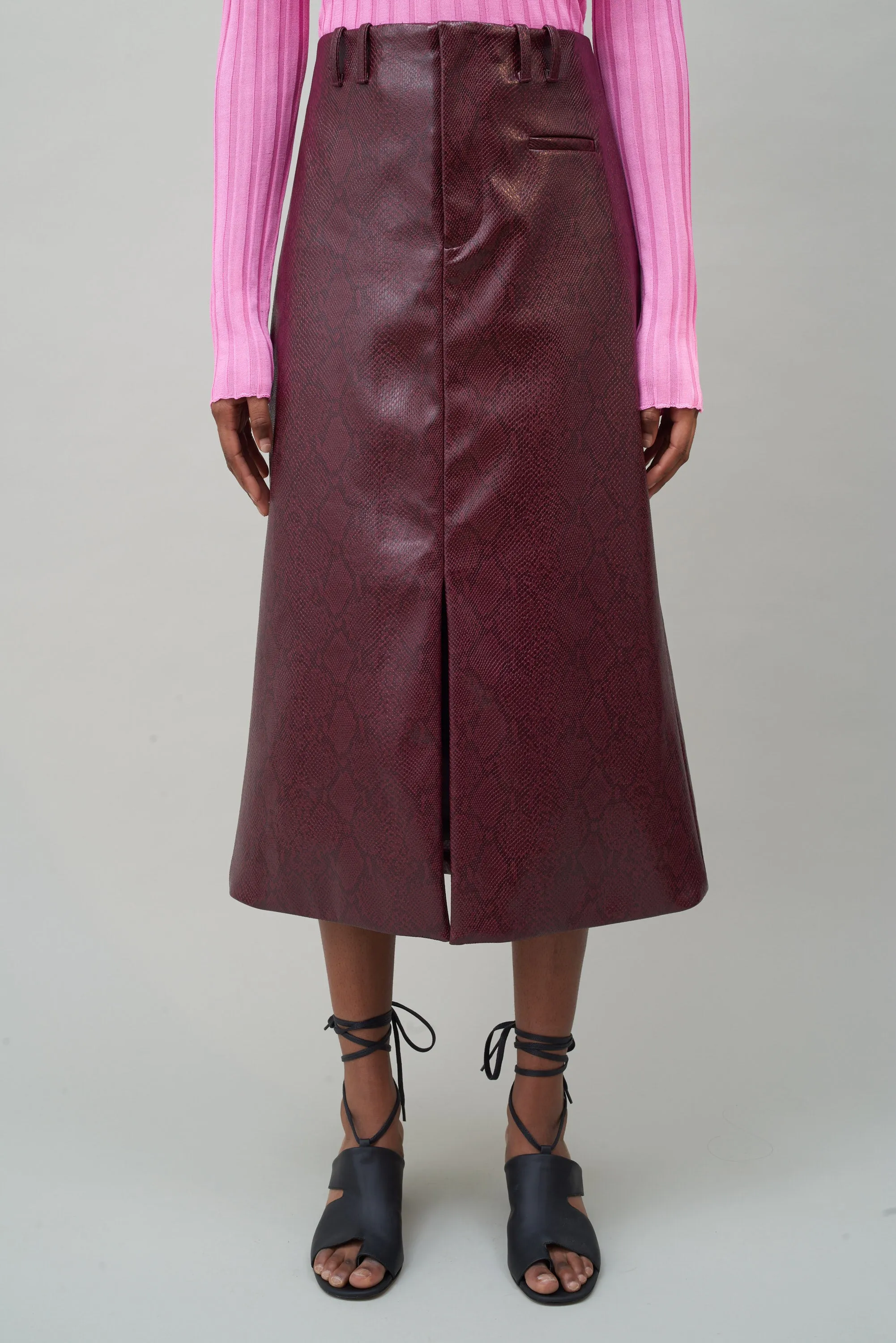 SLIT FRONT SKIRT - BURGUNDY FAUX SNAKESKIN