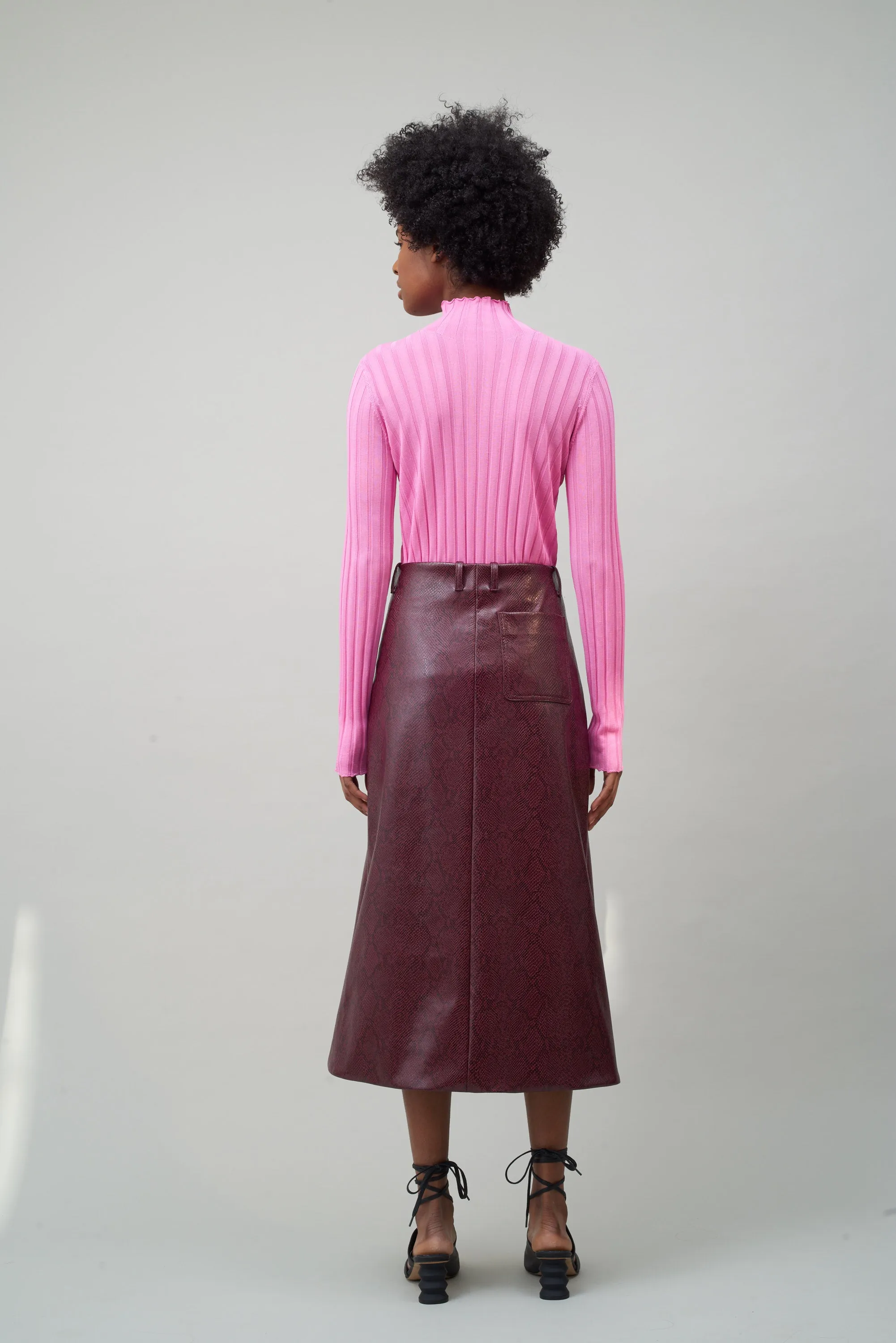 SLIT FRONT SKIRT - BURGUNDY FAUX SNAKESKIN