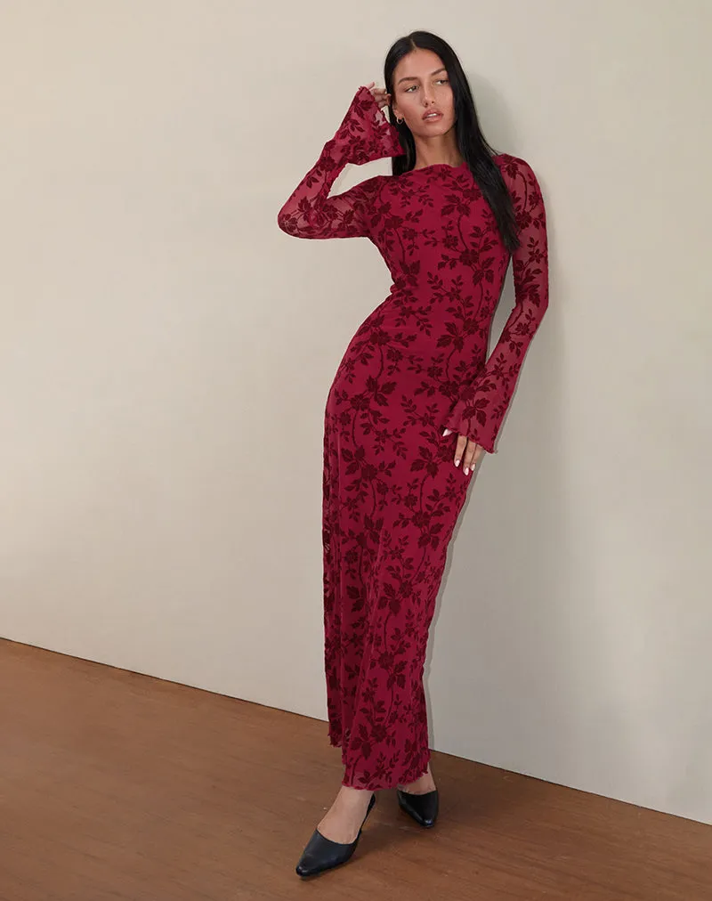 Slokya Long Sleeve Maxi Dress in Vine Floral Flock Cherry