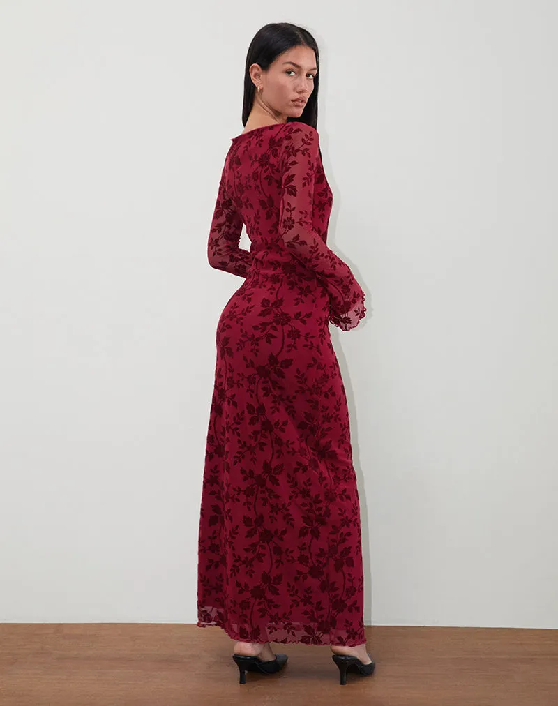 Slokya Long Sleeve Maxi Dress in Vine Floral Flock Cherry