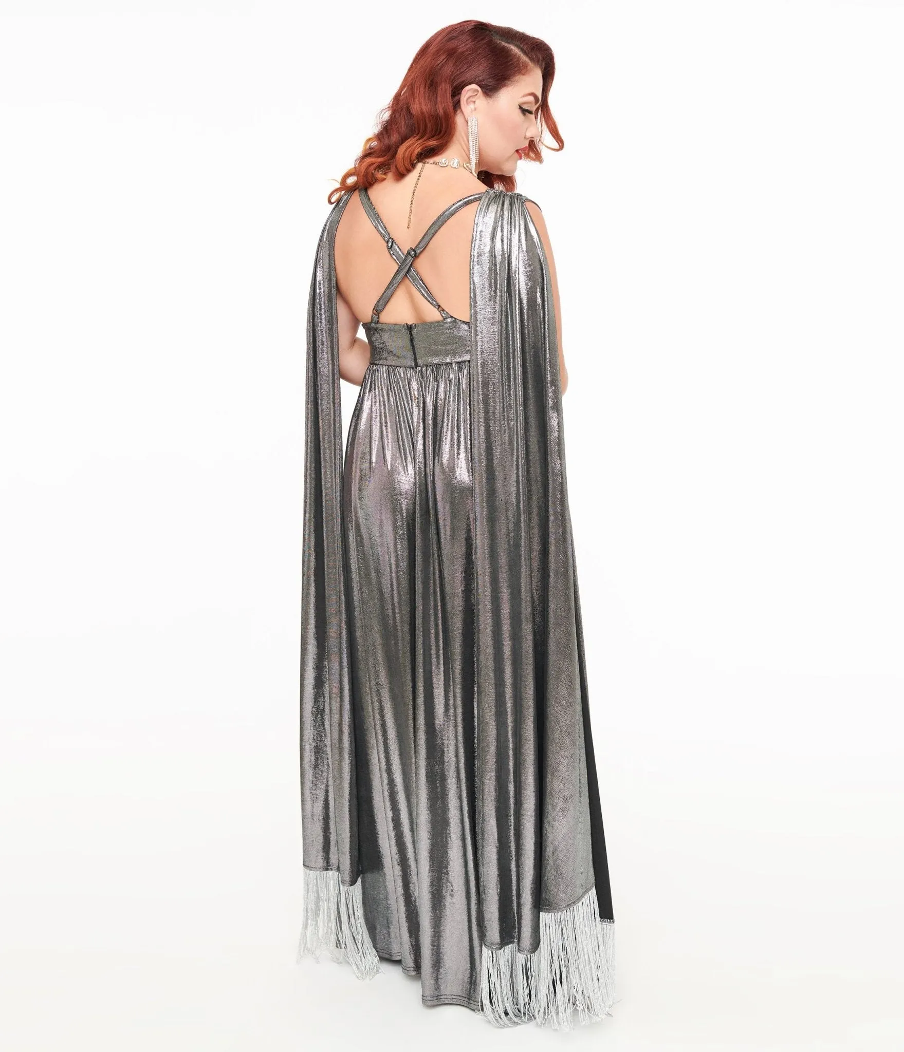 Smak Parlour 1970s Silver Fringe Cape Maxi Dress