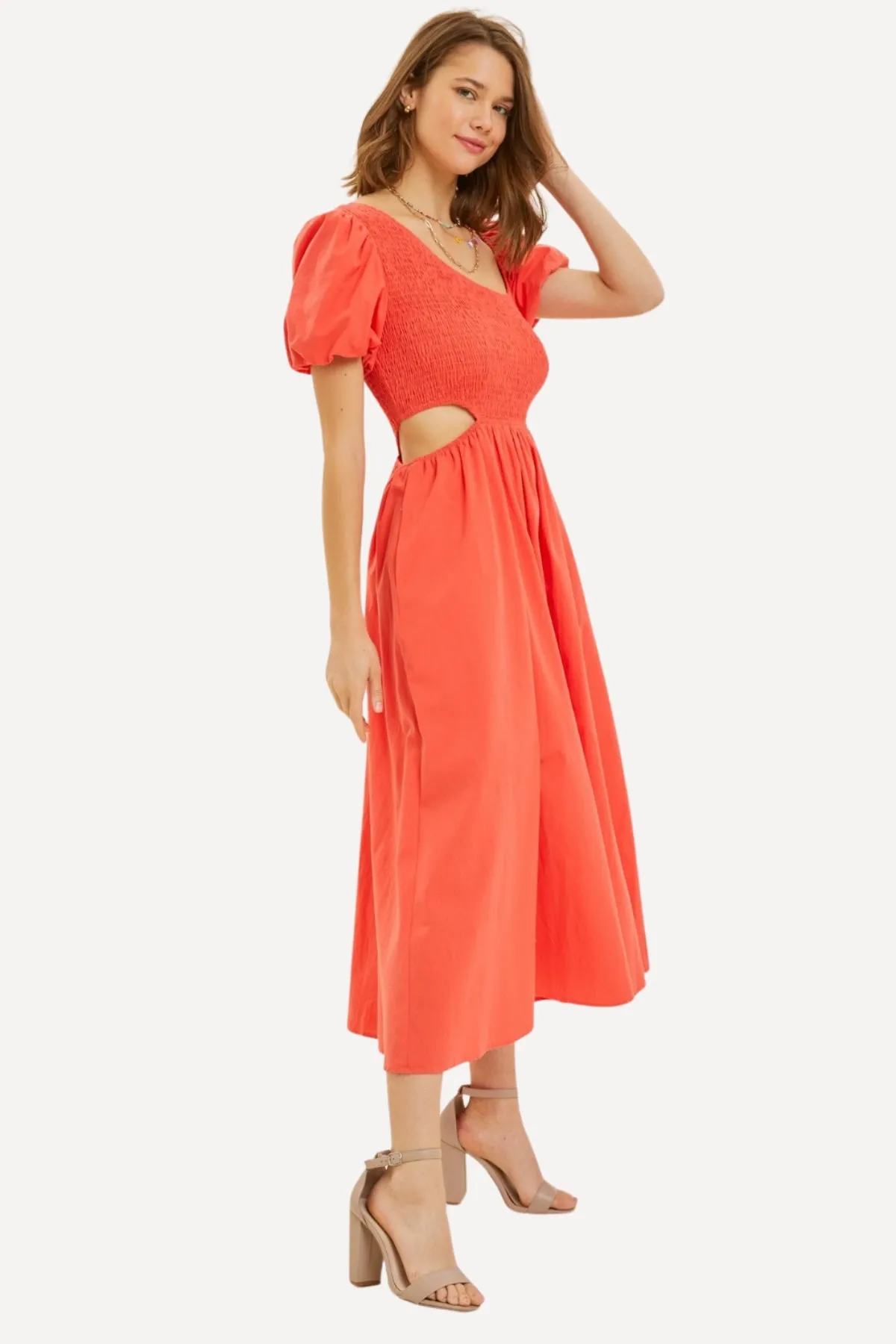 Smocked Cutout Midi Dress - Orange