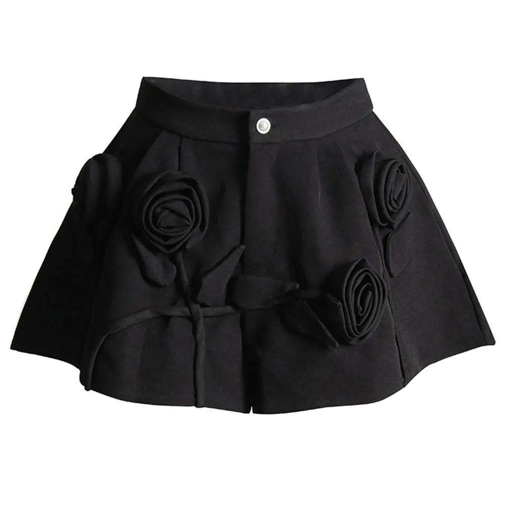 Solid Short Pants For Women High Waist Patchwork Flower Pocket Elegant Casual Shorts Female Summer Fashion Clothing