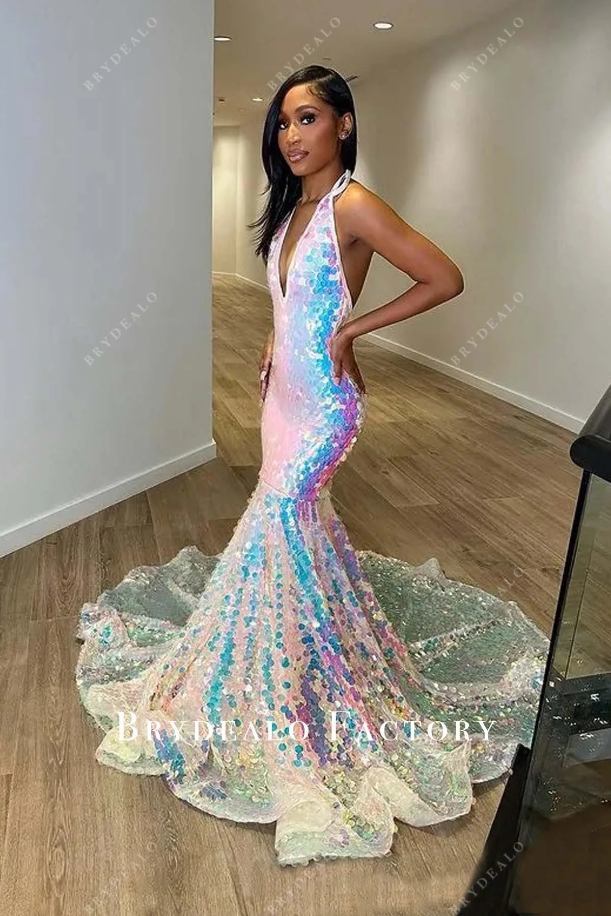 Sparkly Sequin Deep V Halter Mermaid Long Train Prom Dress