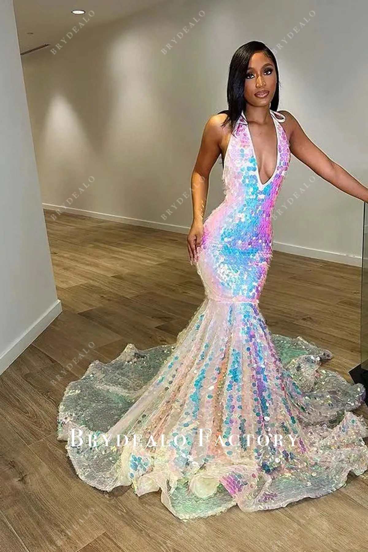 Sparkly Sequin Deep V Halter Mermaid Long Train Prom Dress