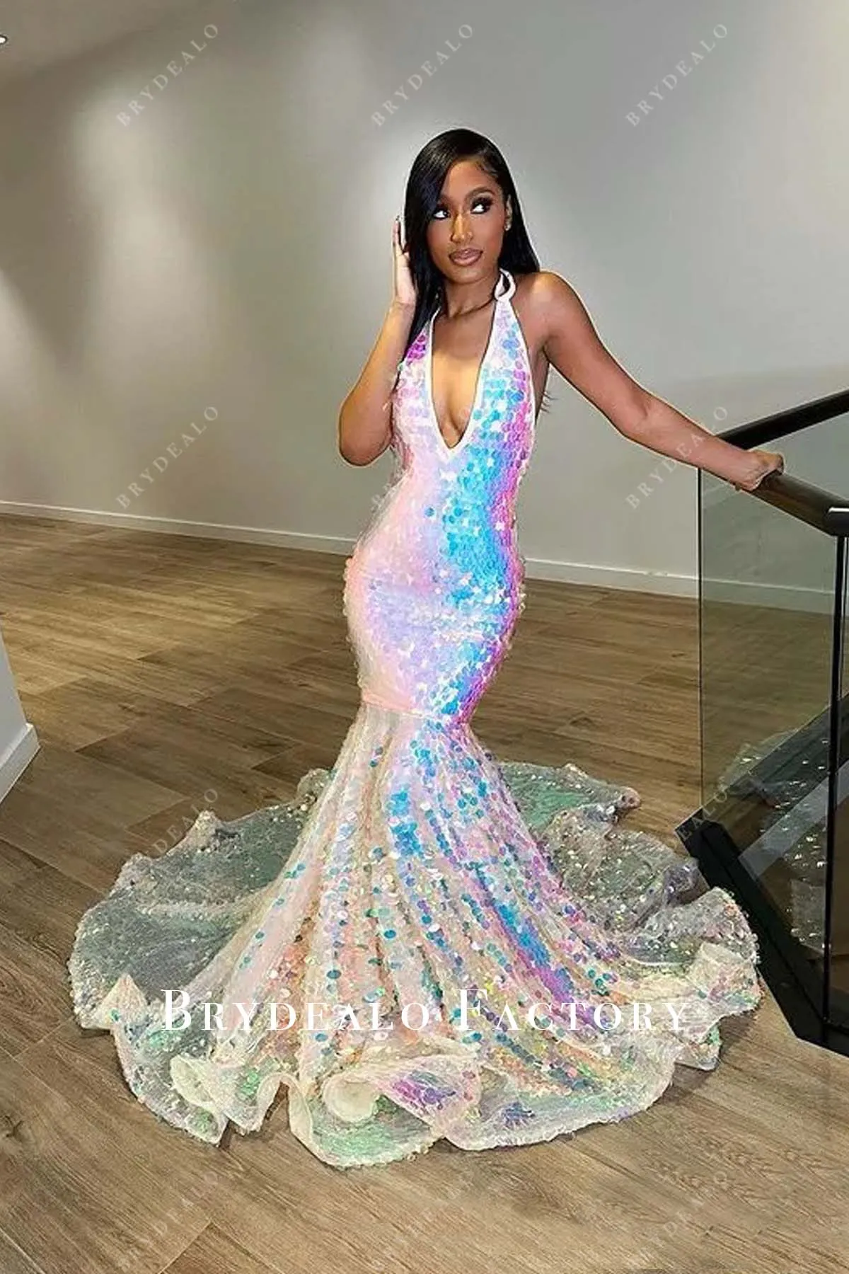 Sparkly Sequin Deep V Halter Mermaid Long Train Prom Dress