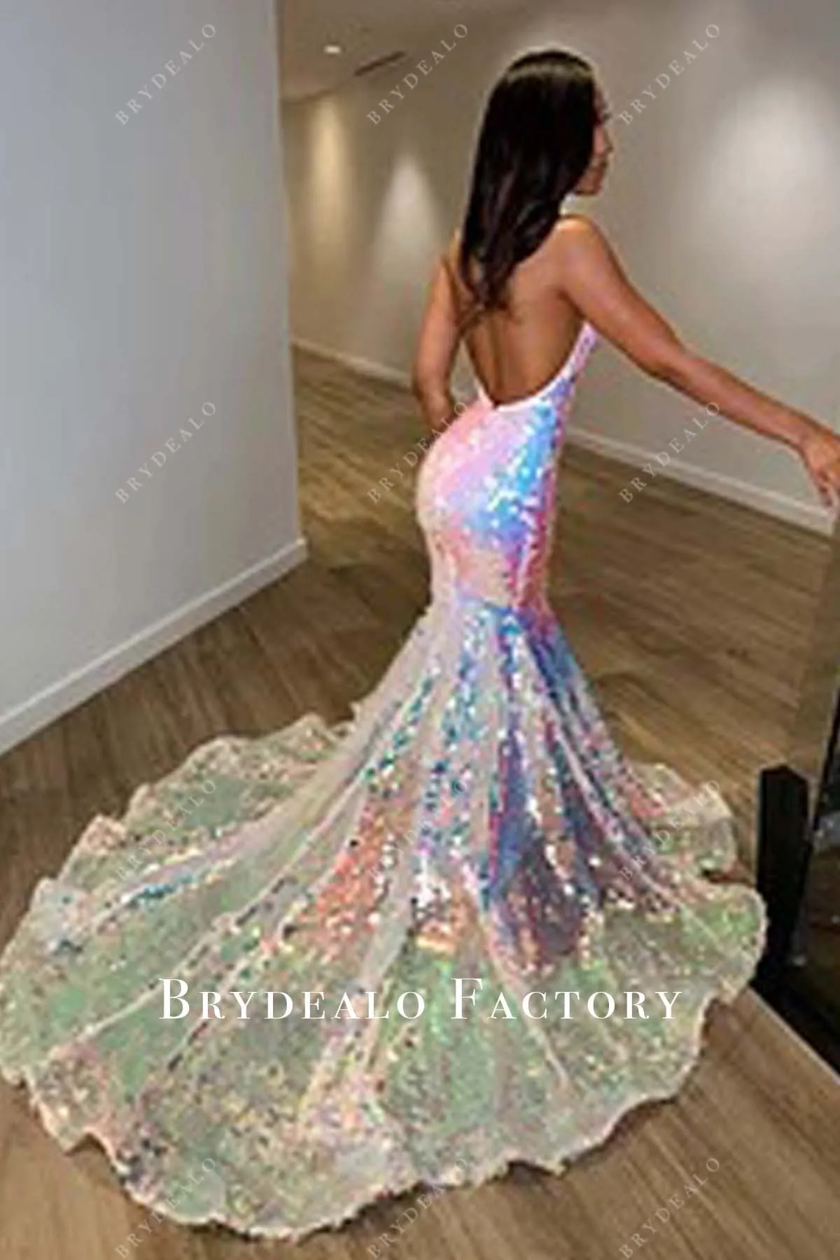 Sparkly Sequin Deep V Halter Mermaid Long Train Prom Dress