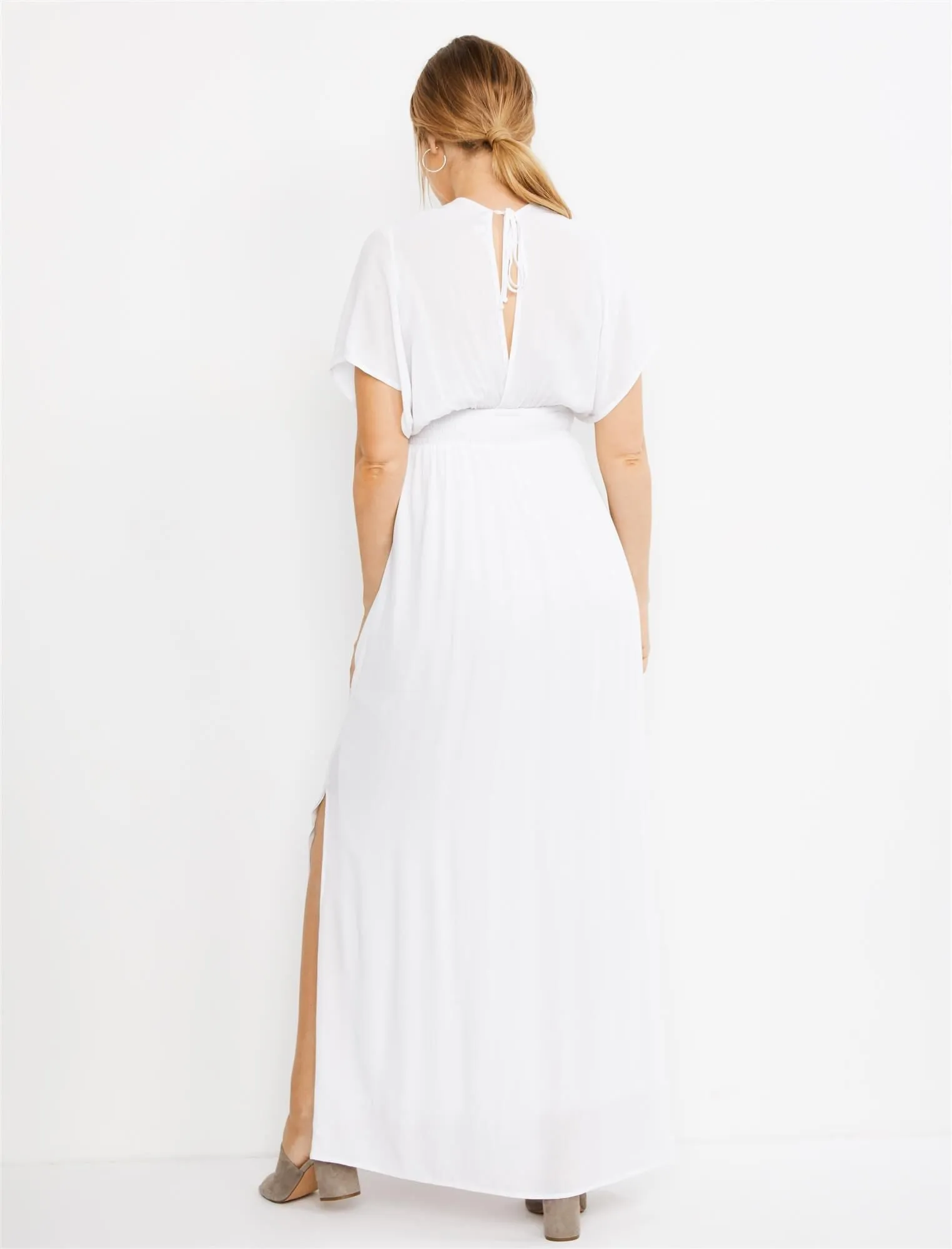 Splendid Smocked Waist Maternity Dress in White