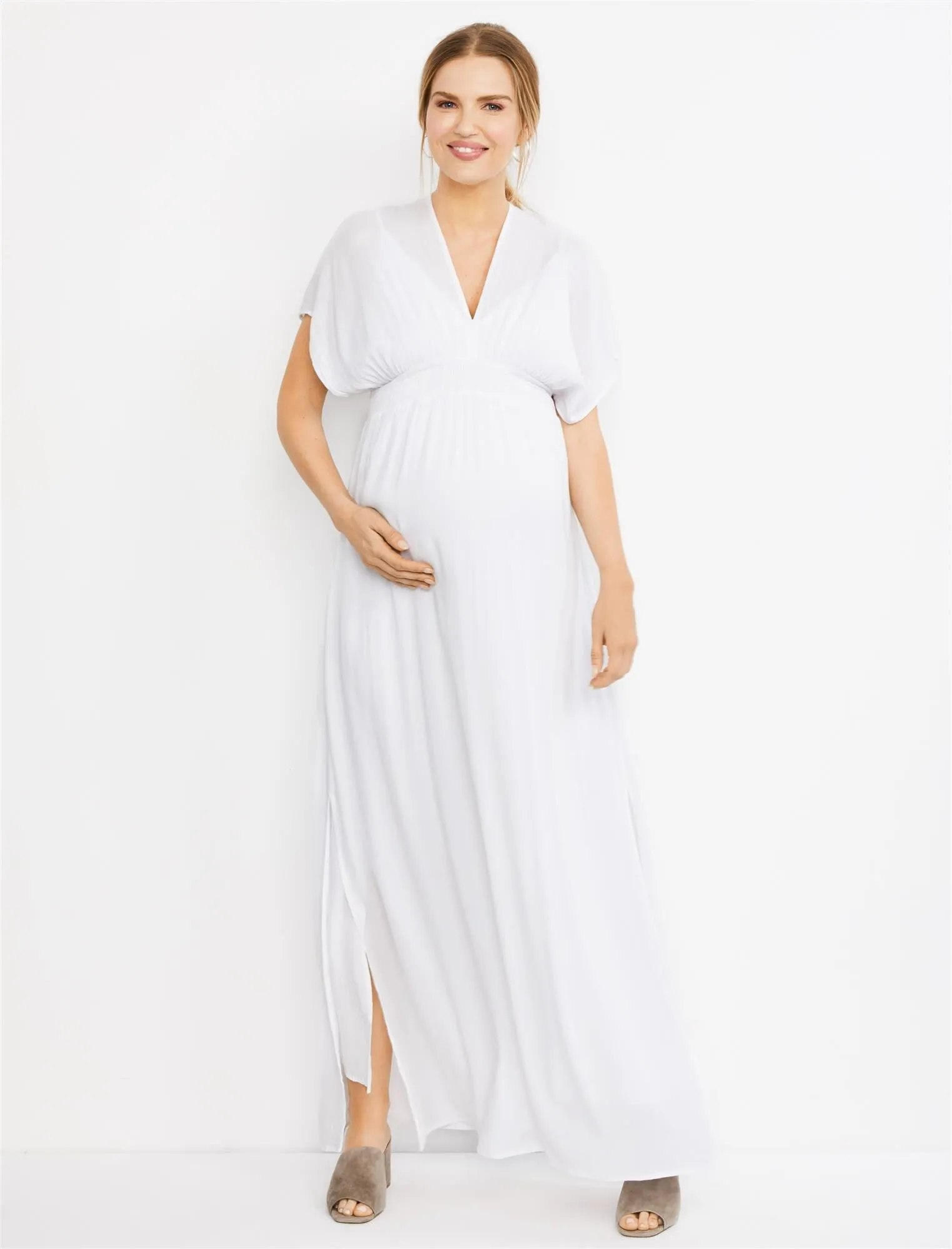 Splendid Smocked Waist Maternity Dress in White