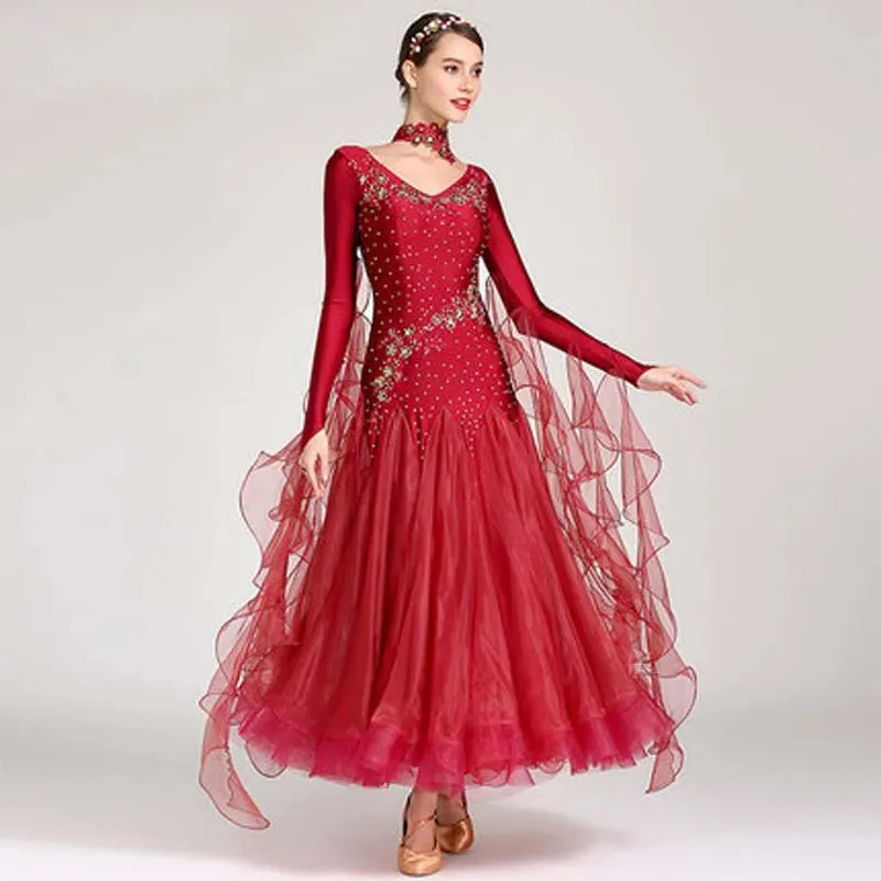 Standard Ballroom Waltz Dance Dresses  Long Sleeve Flamenco Dancing Costume