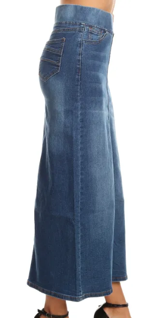 Stretch Denim Straight Long Skirt Elastic Waistband