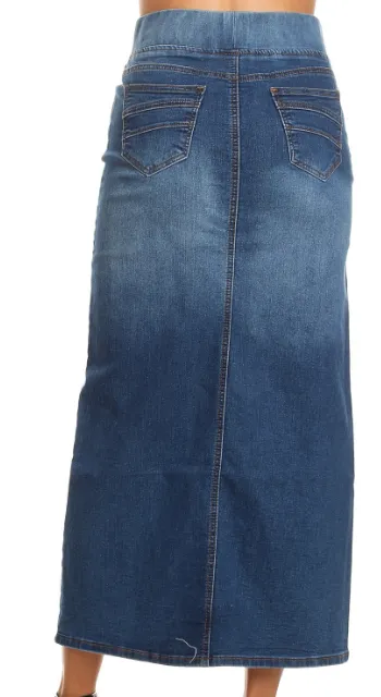 Stretch Denim Straight Long Skirt Elastic Waistband