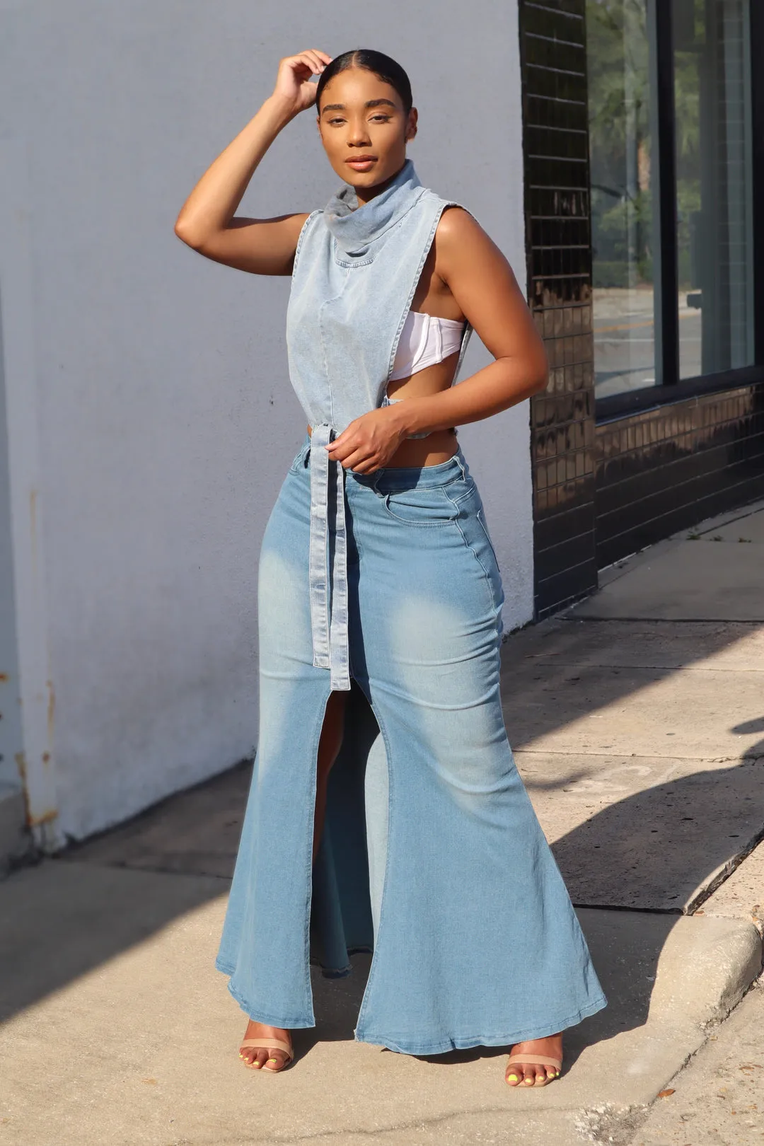 Stretch Split Denim Skirt Long Skirt