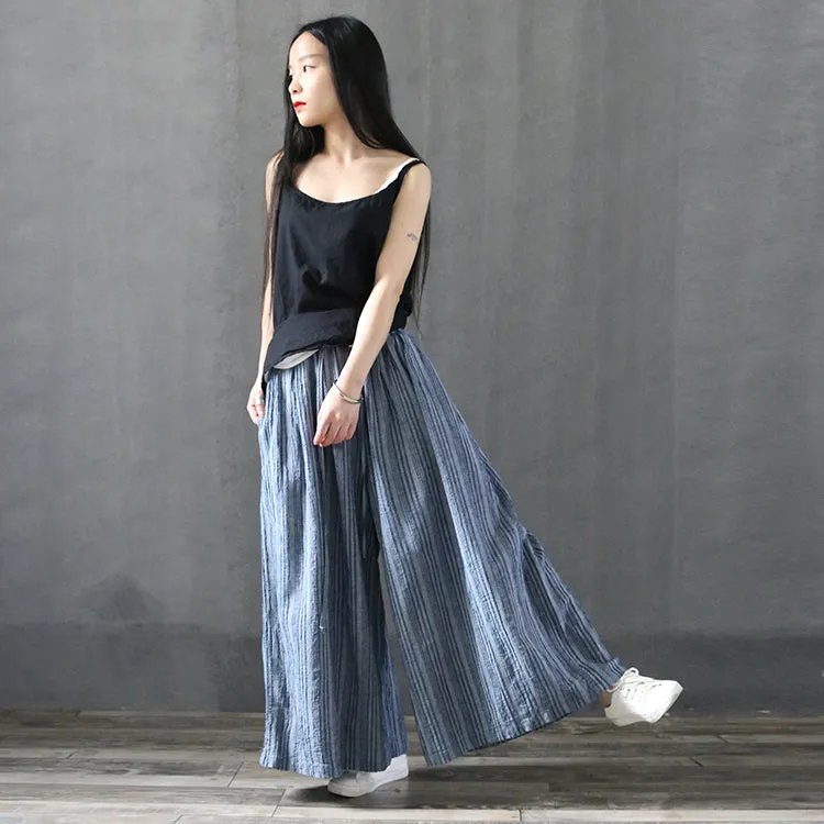 Stripe Linen Summer Autumn Wide Leg Pants  Women Casual Pants with Pockets PZ97256