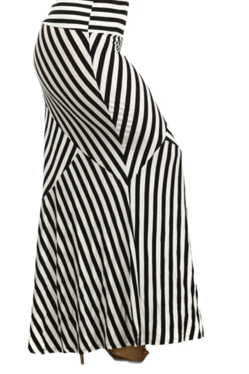 Stripe Relaxed Fit A-line Maxi Skirt in Black Ivory Style 4070