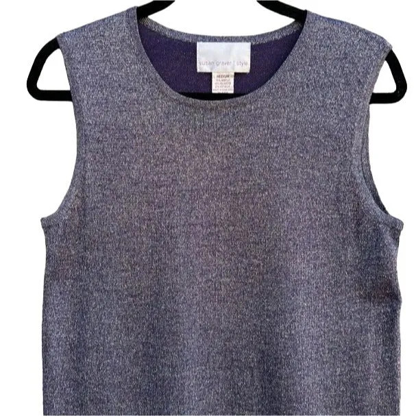 Susan Graver Style Scoop Neck Sleeveless Purple Metallic Knit Women's Shirt - M