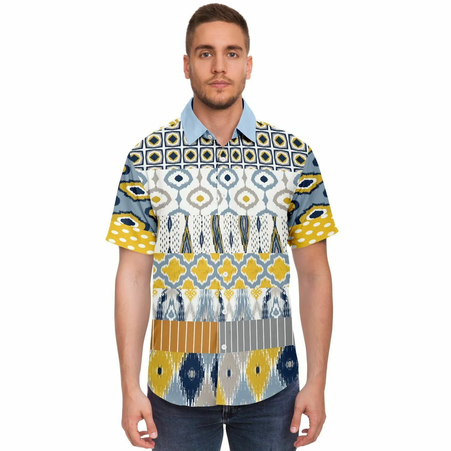 Tallulah Bankhead Yellow Ikat Patchwork Short Sleeve Button Down Shirt