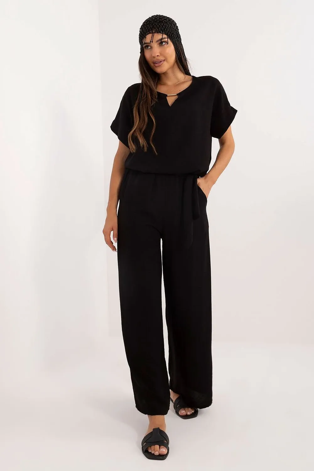 TEEK - Belted Necklace Top Pocketed Pants Set