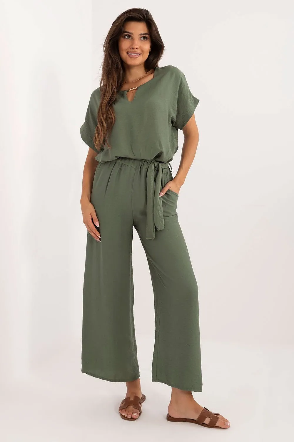 TEEK - Belted Necklace Top Pocketed Pants Set