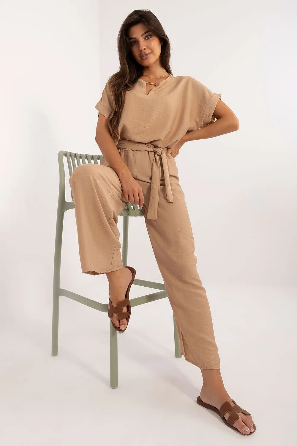 TEEK - Belted Necklace Top Pocketed Pants Set