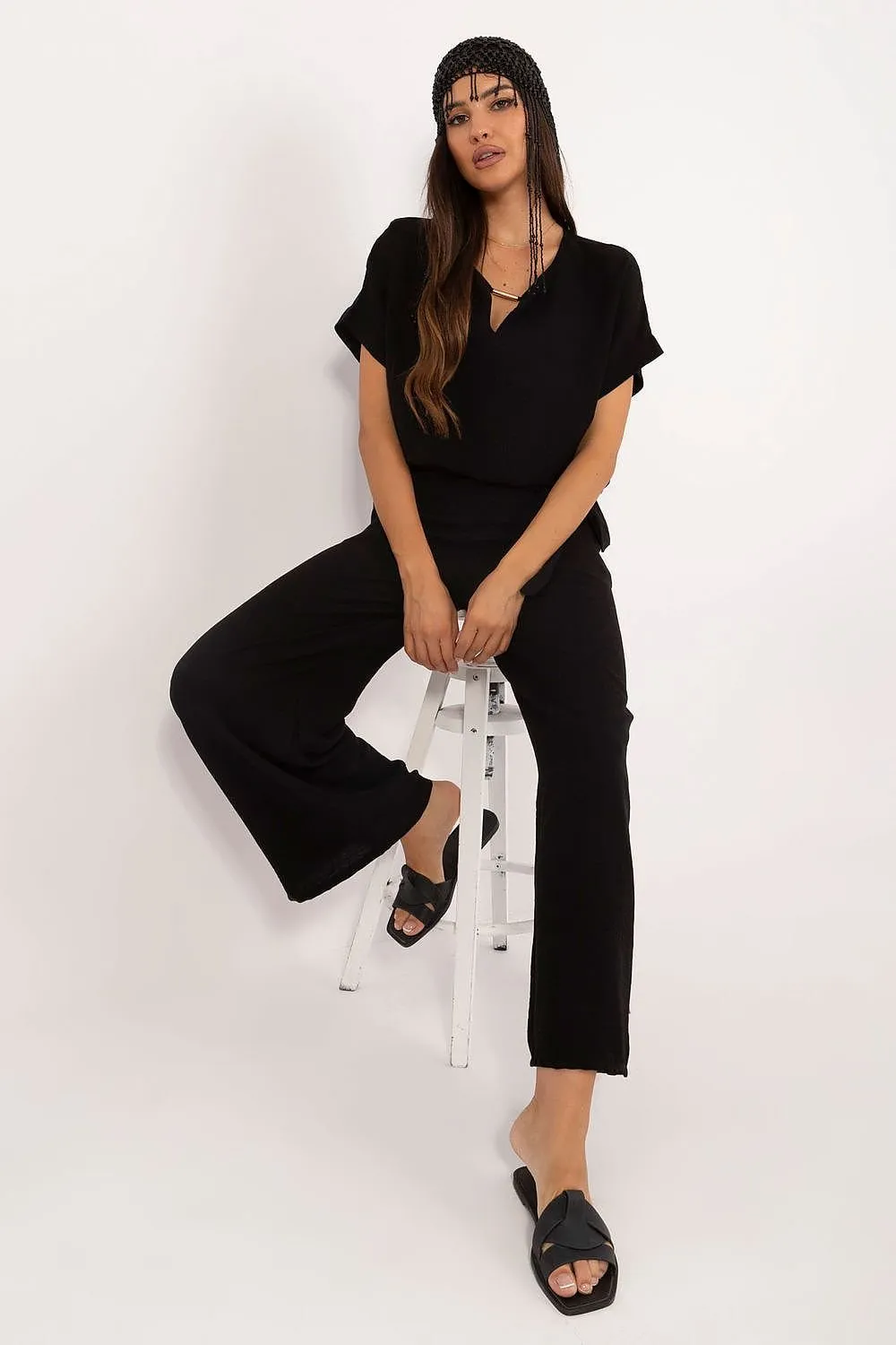 TEEK - Belted Necklace Top Pocketed Pants Set