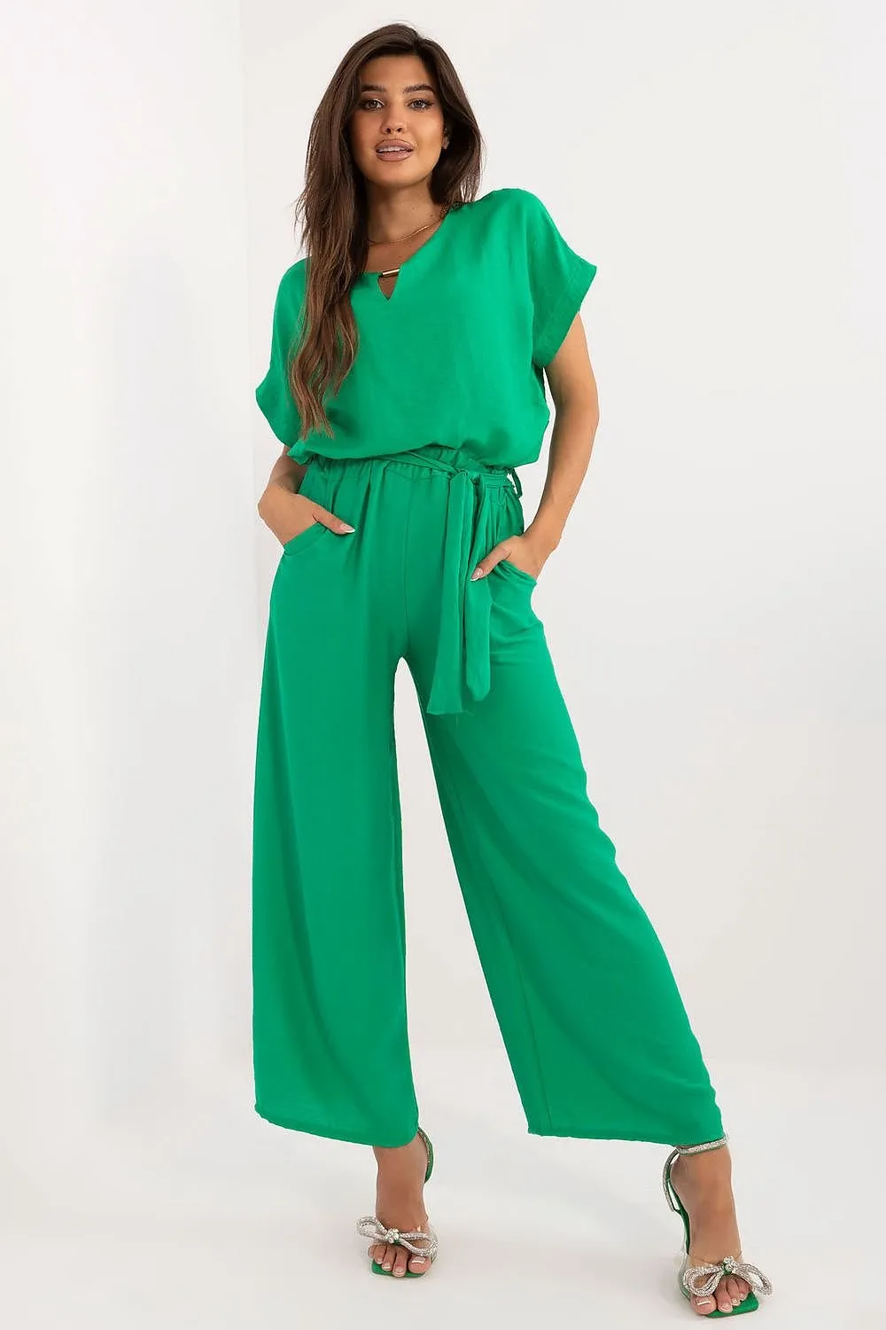 TEEK - Belted Necklace Top Pocketed Pants Set