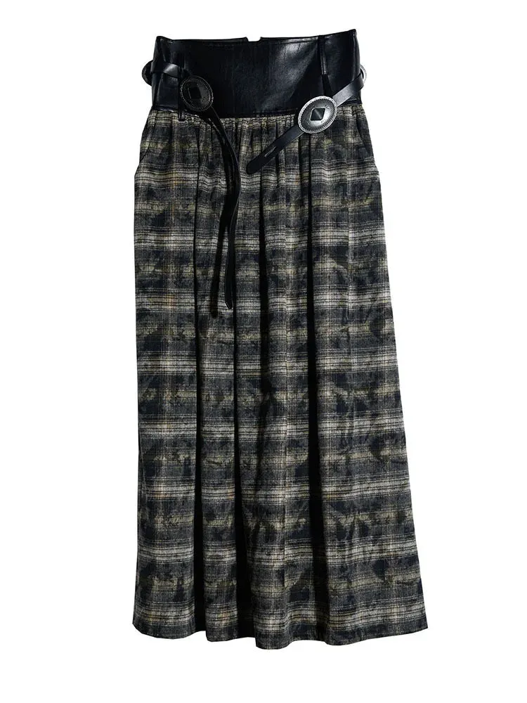 TEEK - Black Leathery Accent Plaid Long Skirt