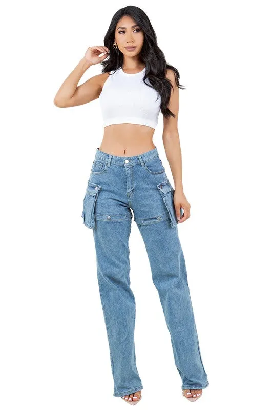 TEEK - BUTTON THIGH DENIM PANTS