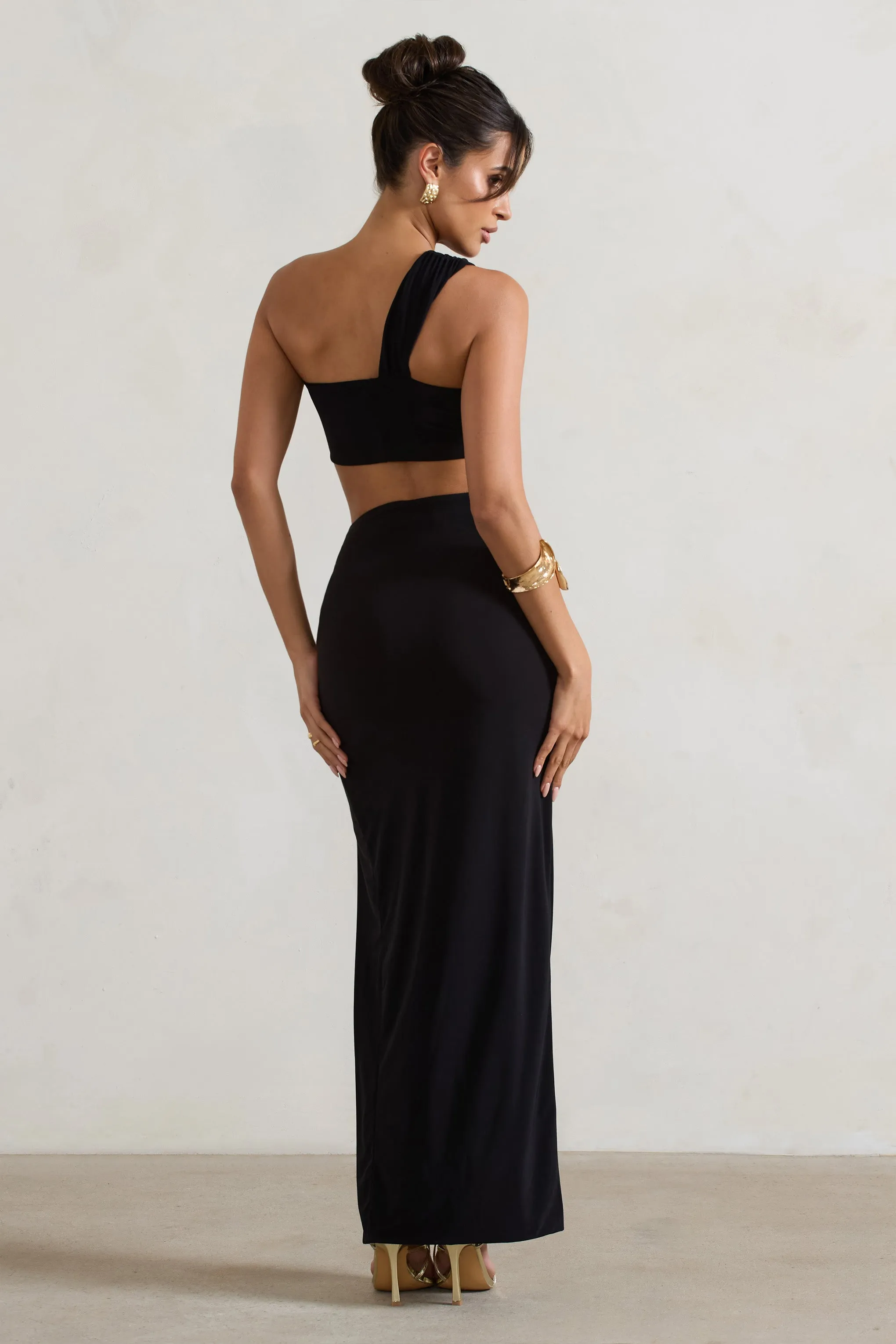 Tender Kiss | Black High Waist Thigh Split Maxi Skirt