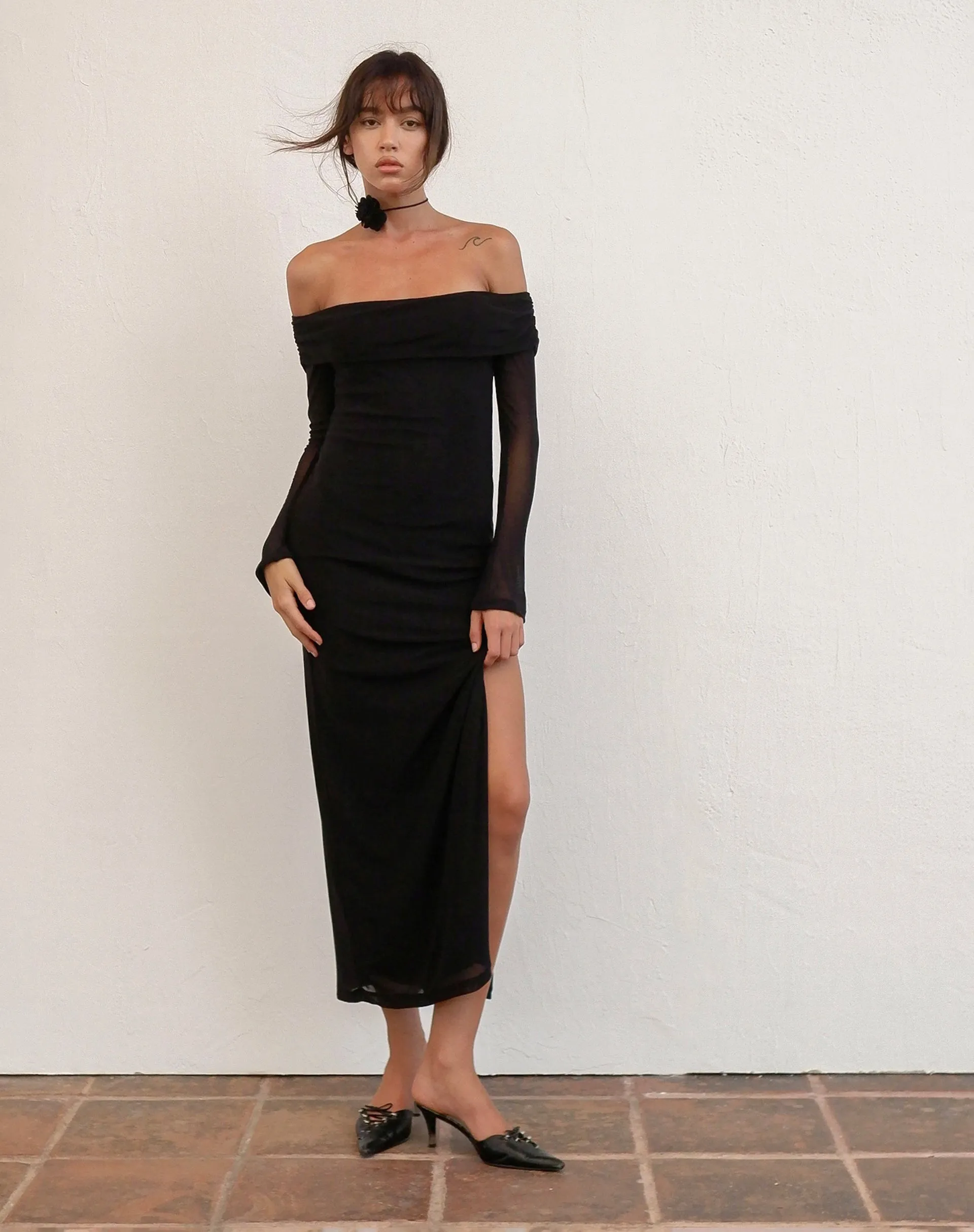 Terika Bardot Long Sleeve Maxi Dress in Mesh Black