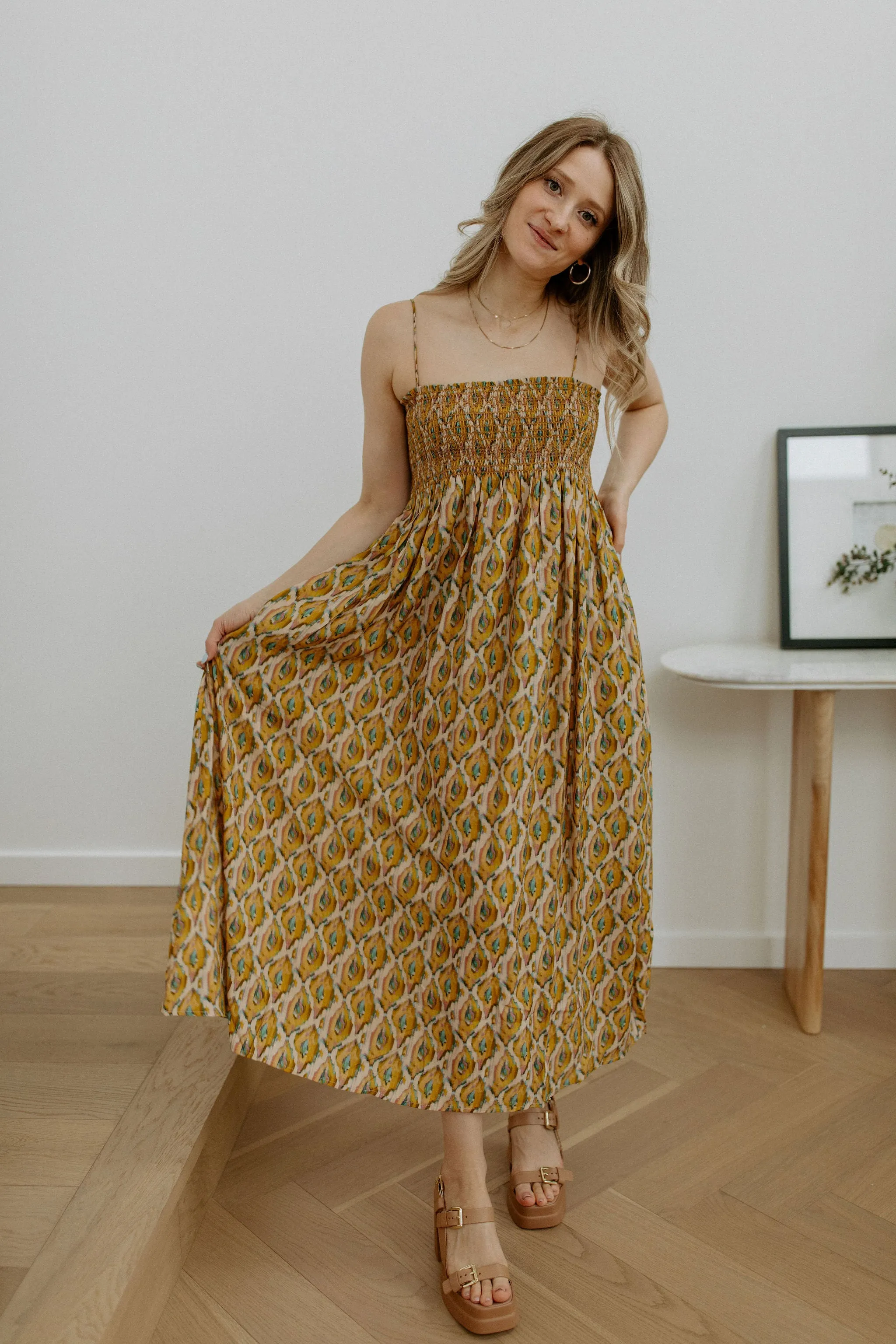 The Ilse Smocked Ikat Maxi Dress