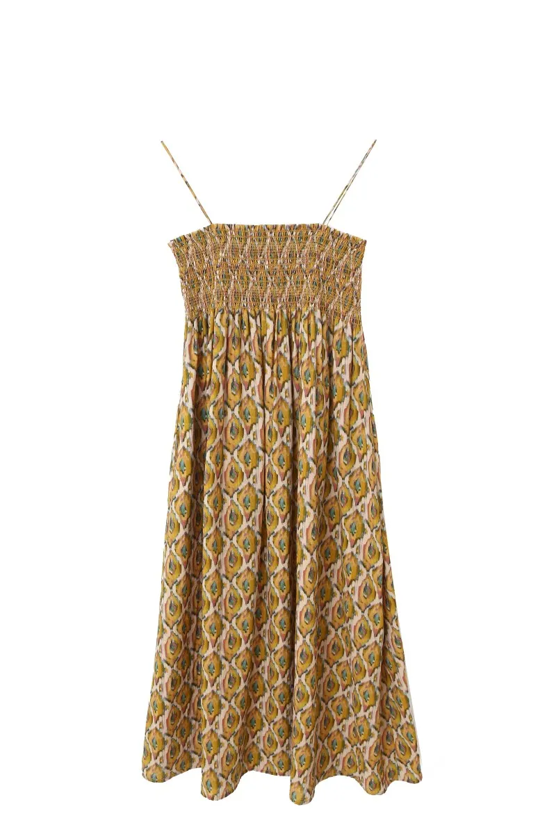 The Ilse Smocked Ikat Maxi Dress