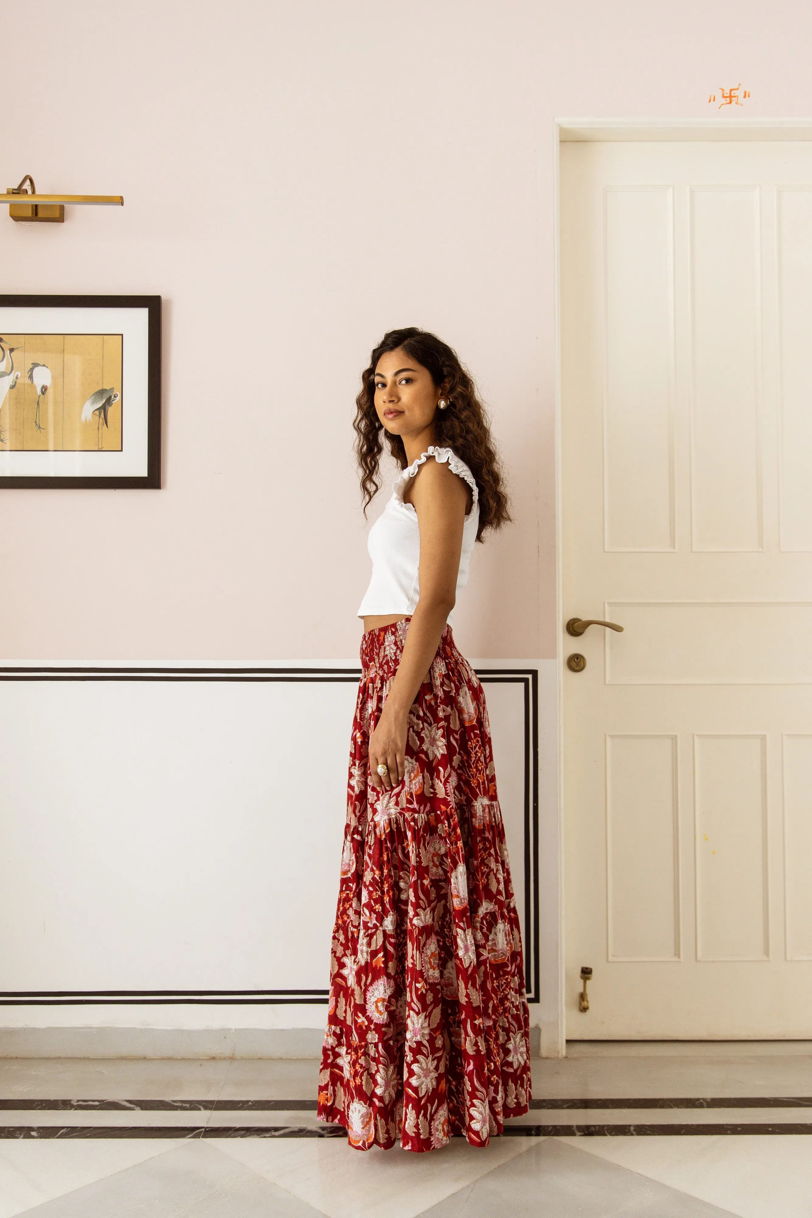 The Pia Skirt - Crimson Floral Block Print