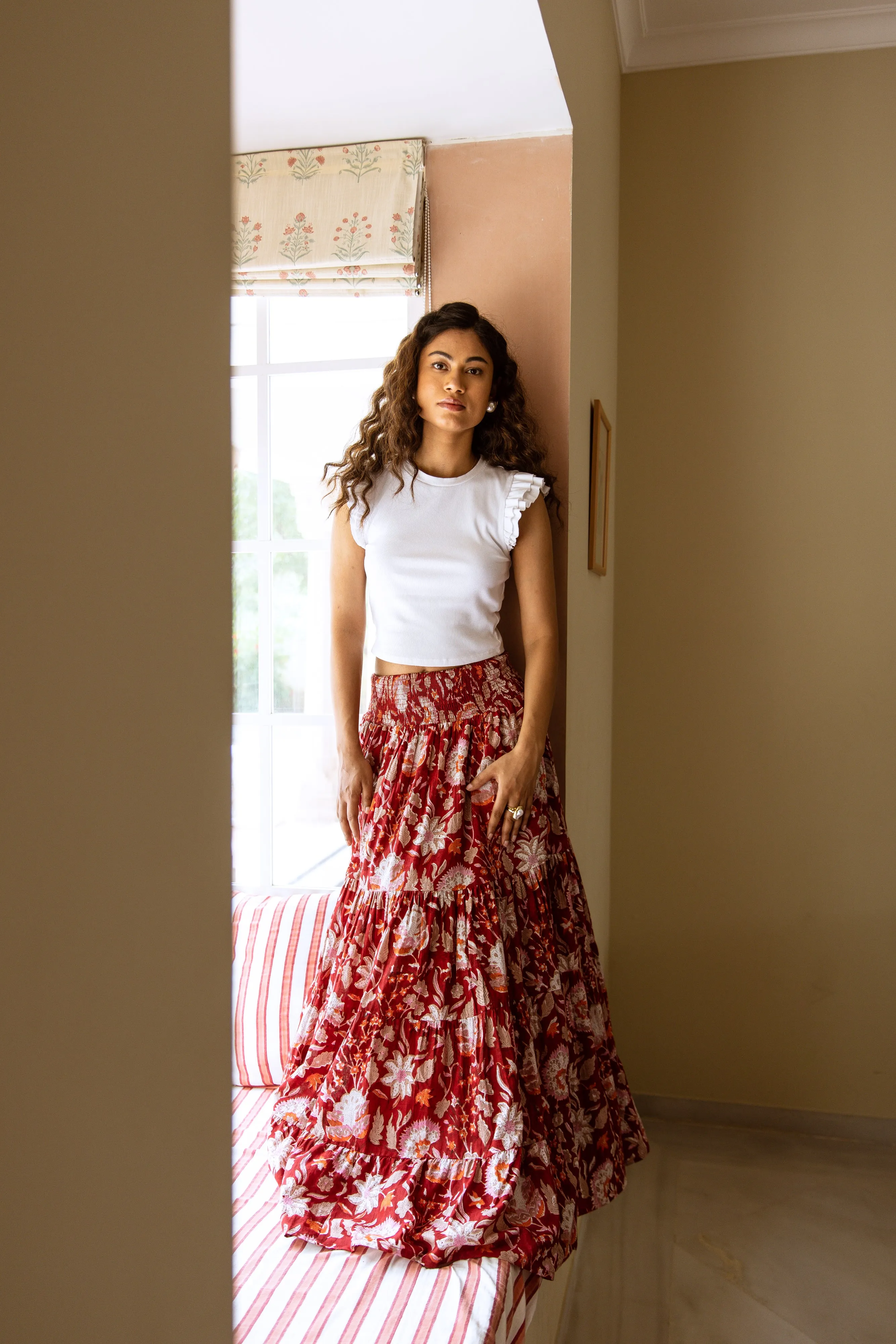 The Pia Skirt - Crimson Floral Block Print