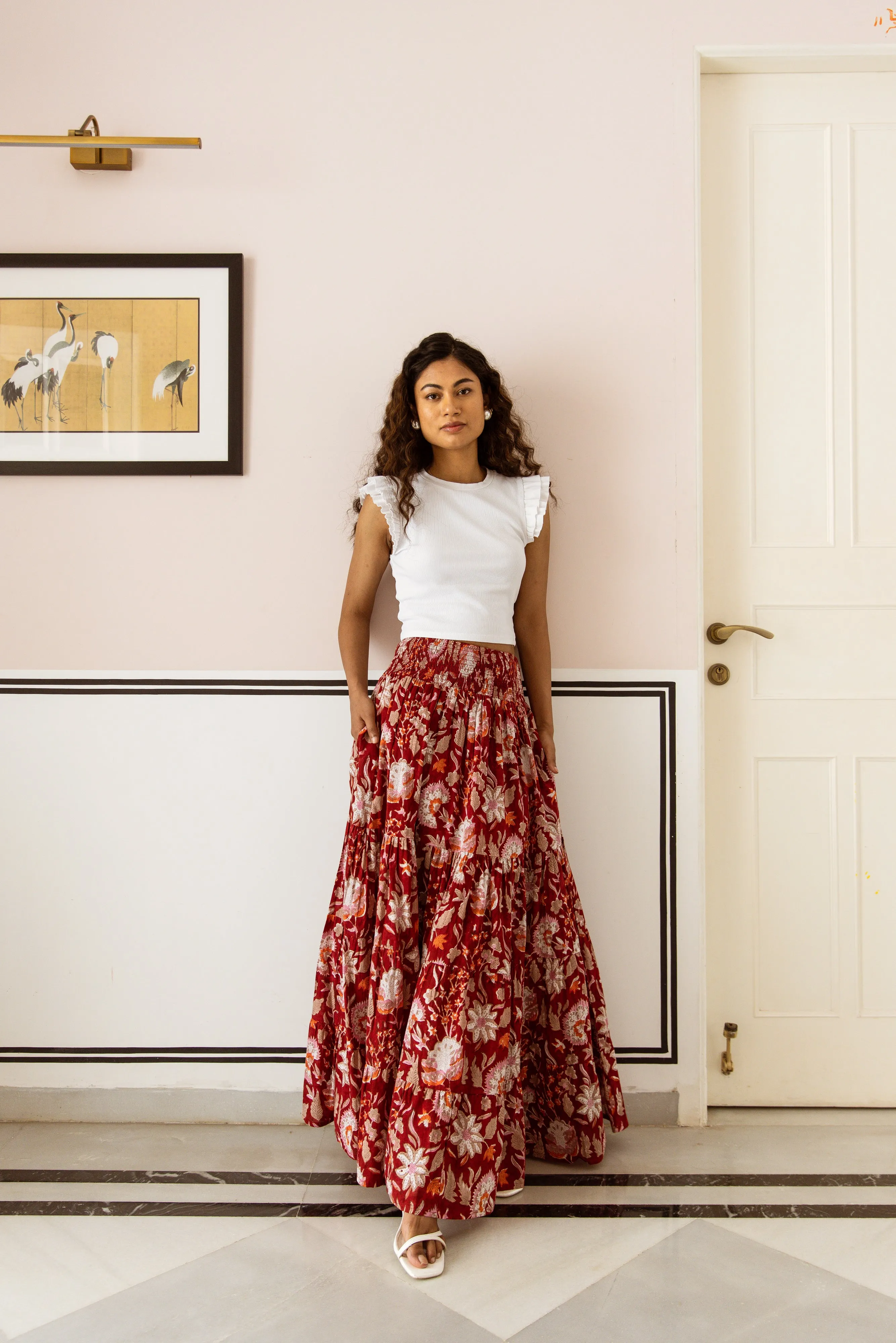 The Pia Skirt - Crimson Floral Block Print