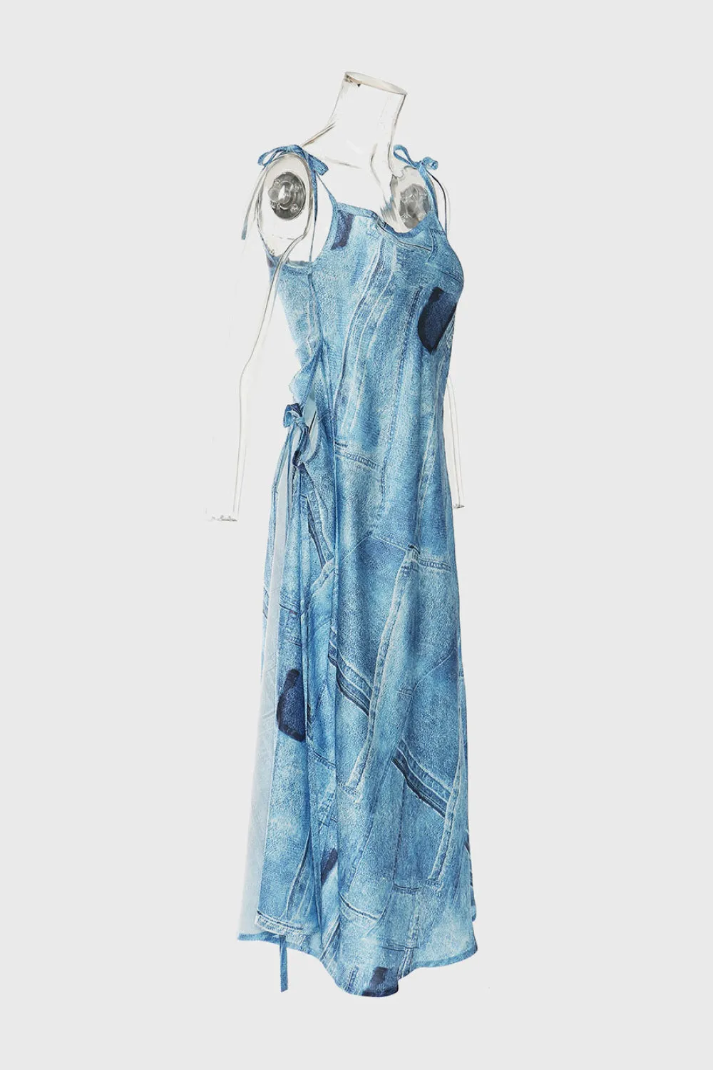 Tie-Shoulder Split Patchwork Denim Dress