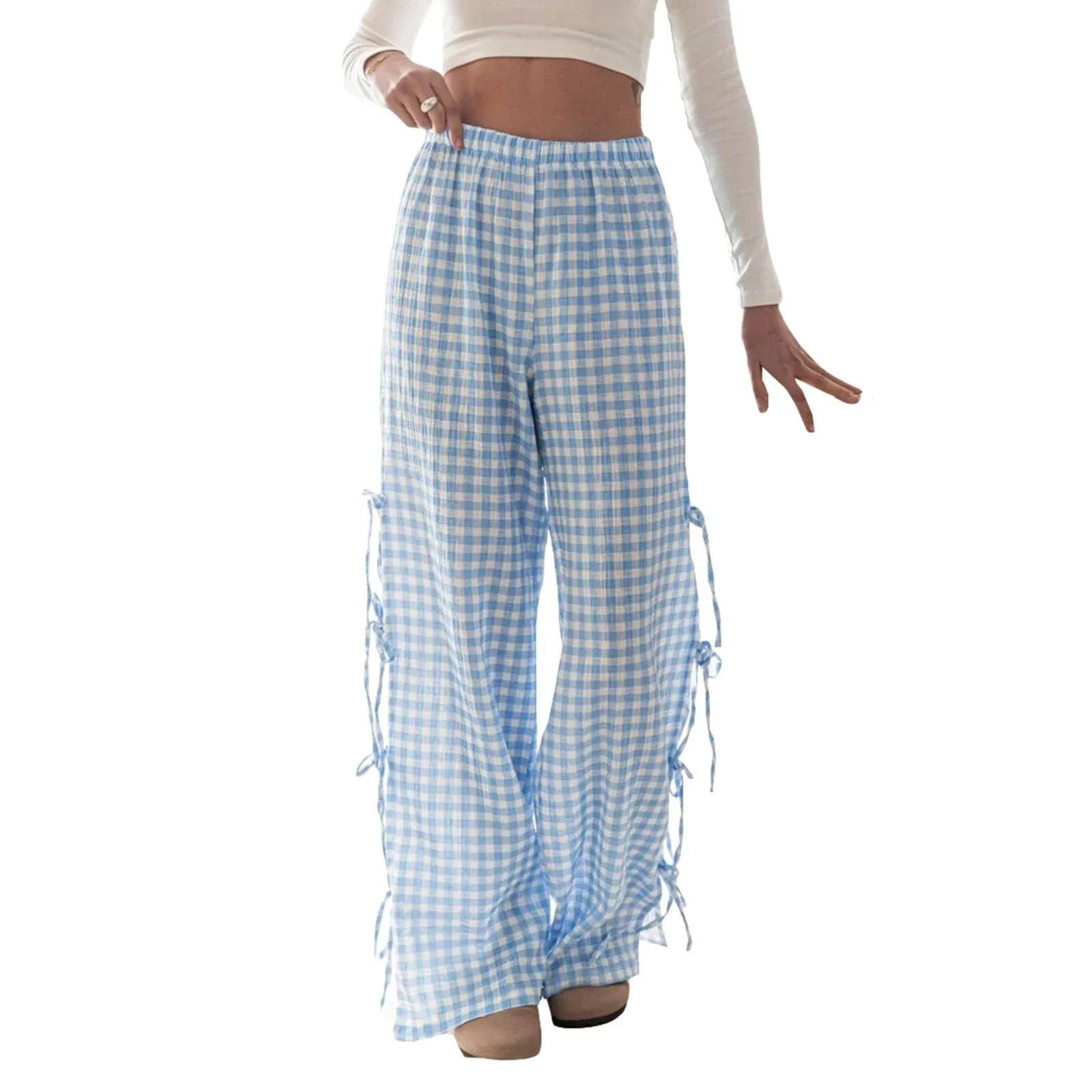 Tie-up Spring Summer Casual Versatile Plaid/Stripe Pants