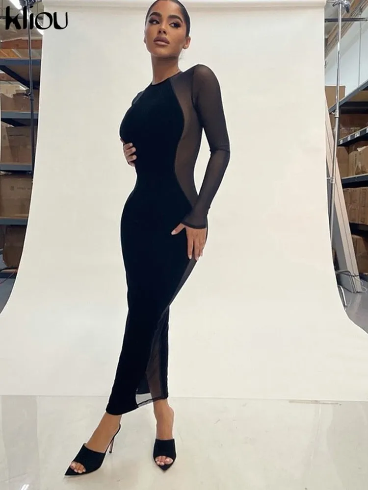 Trendy Black Mesh Velvet Maxi Dress