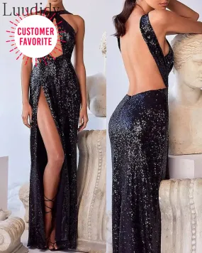 Trendy Maxi Sequin Black Hollow Out Formal Dress