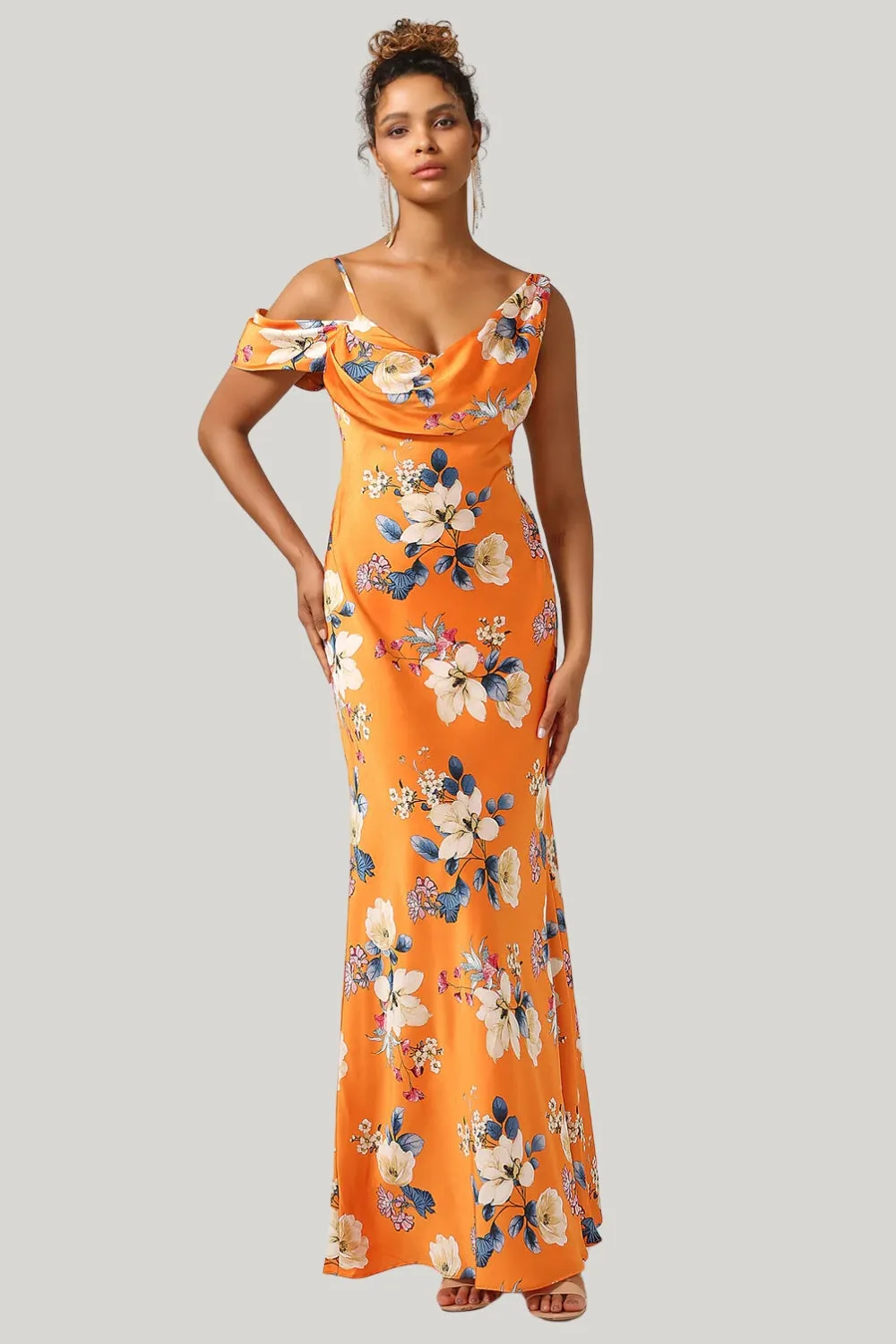 Trendy Mermaid One Shoulder Printed Orange Flower Maxi Dress