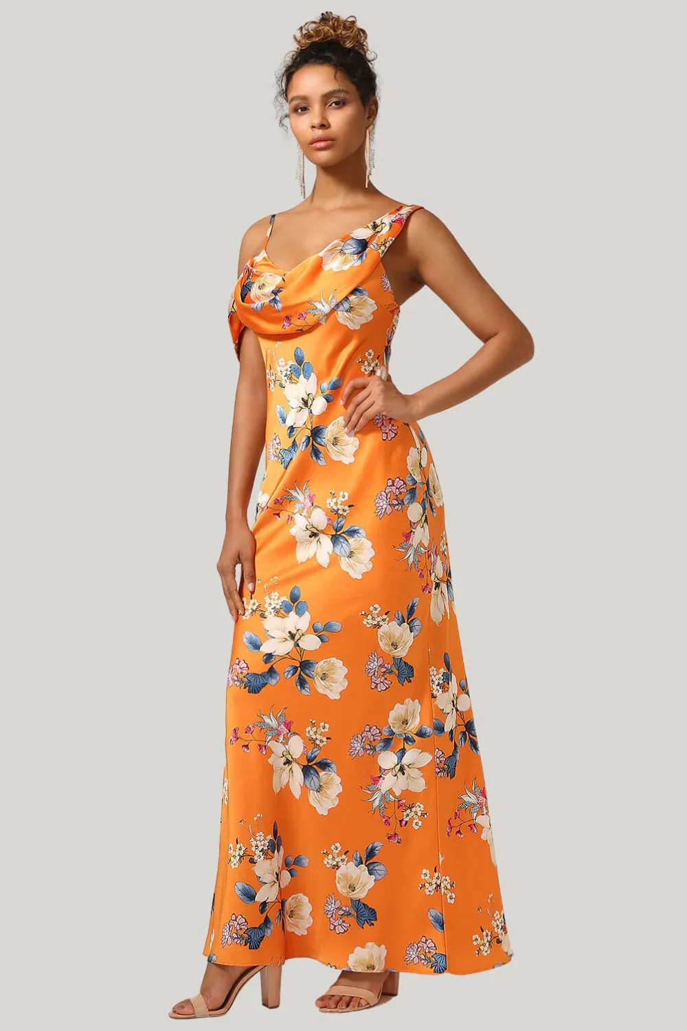 Trendy Mermaid One Shoulder Printed Orange Flower Maxi Dress