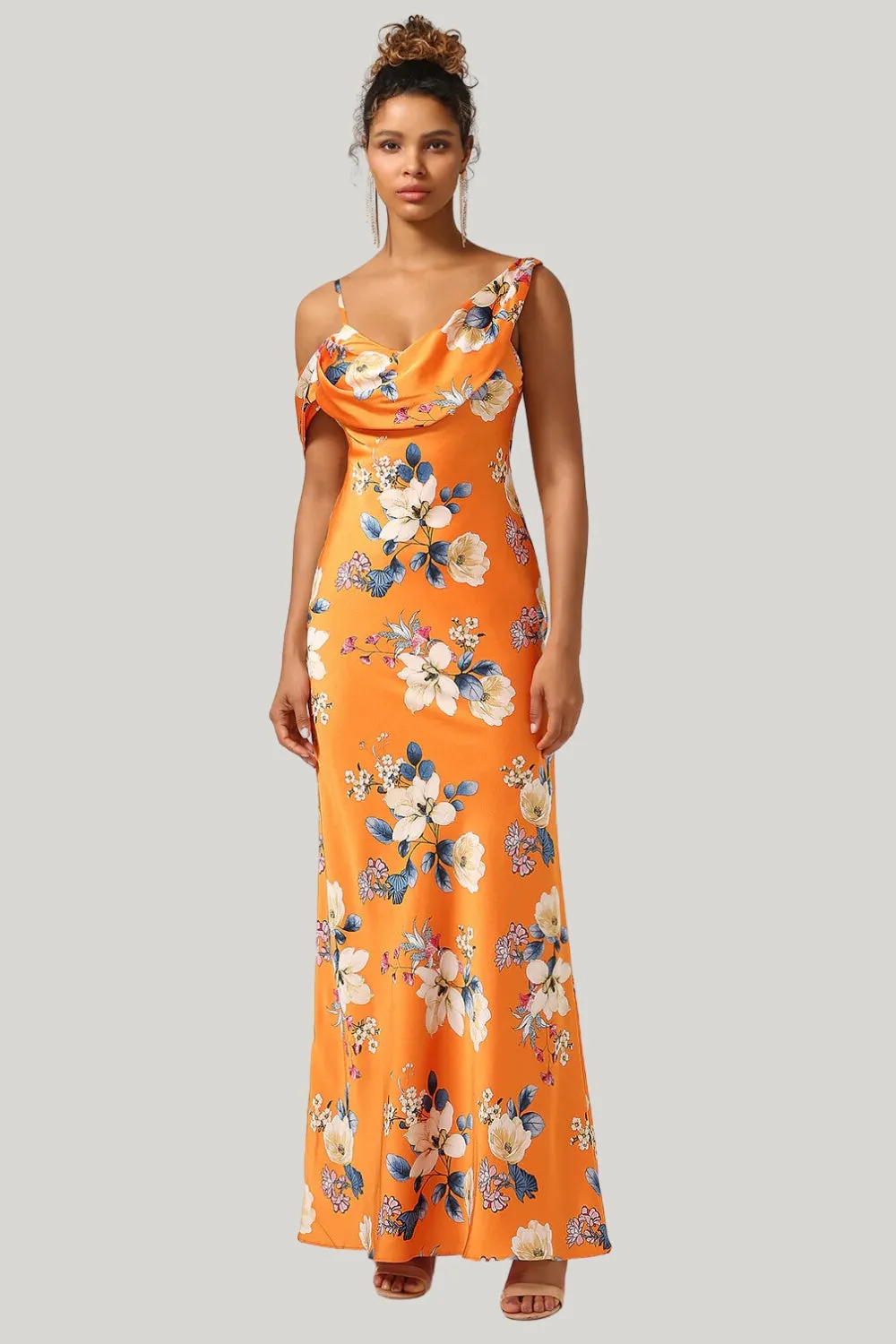 Trendy Mermaid One Shoulder Printed Orange Flower Maxi Dress