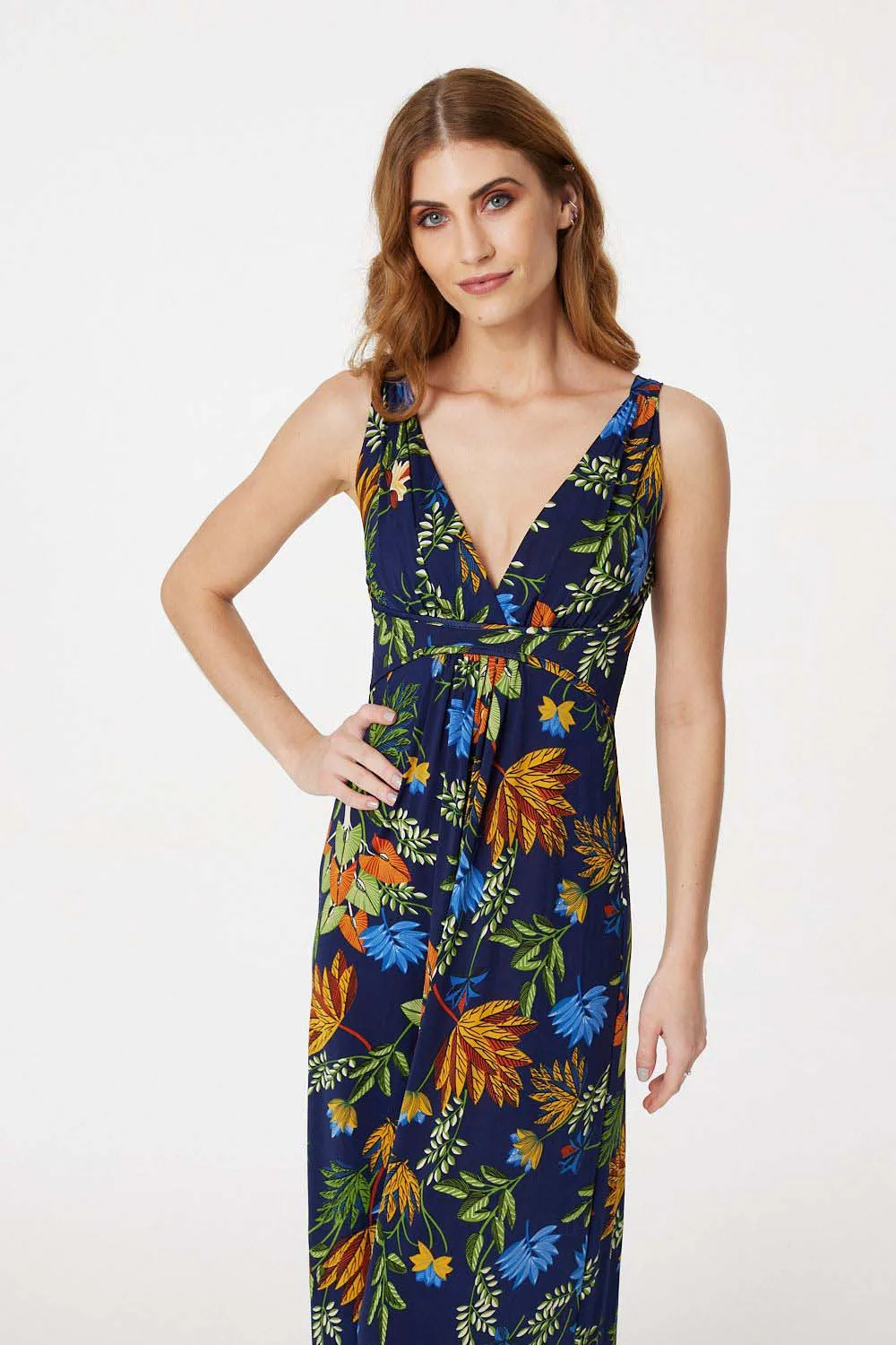 Tropical Print Plunge Maxi Dress