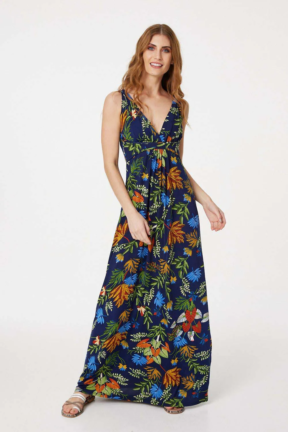 Tropical Print Plunge Maxi Dress