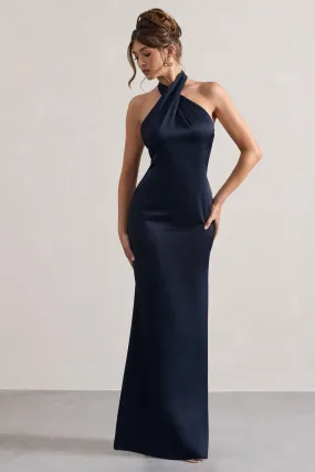 Unbeatable | Navy Satin Cross Over Halterneck Maxi Dress